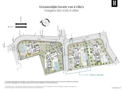 Locatieplan van een complex met vier luxe villa's, elk met privézwembad en tuin, strategisch gelegen nabij de Middellandse Zee in Jávea. Detaileert de indeling van Ukiyo House.