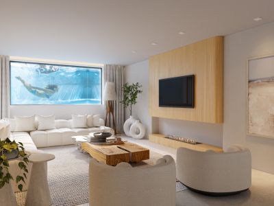 Moderne woonkamer met grote hoekbank, een uniek onderwaterraam dat een zwembad toont, en een houten paneel met geïntegreerde tv en lineaire open haard.