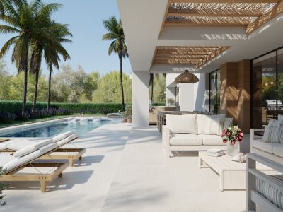 Ruim buitenterras met privézwembad, ligbedden en een elegante zithoek onder een lamellenpergola, omringd door weelderige palmbomen.