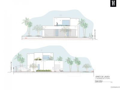 Zijgevels van een moderne villa, met strakke architectonische lijnen, grote ramen en geïntegreerde mediterrane beplanting.