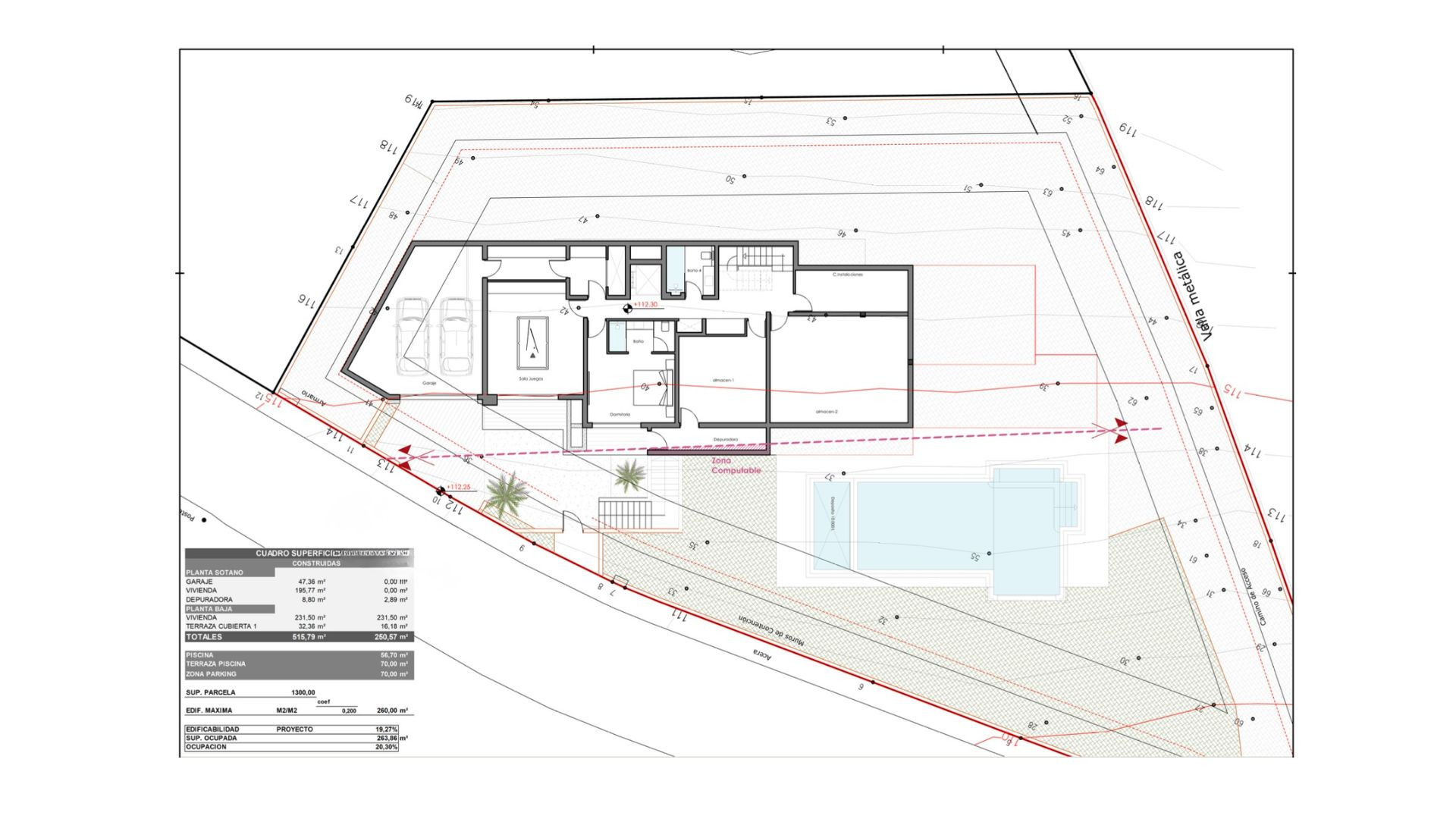 Architectuurplan van villa met zwembad, met interieurindeling, garage en tuin op een perceel van 1300 m².