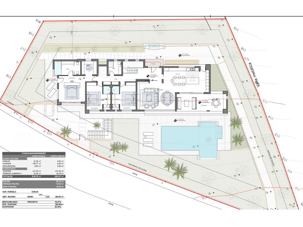 Gedetailleerd architectonisch plan van de villa, met interne en externe indeling, inclusief zwembad en tuin.