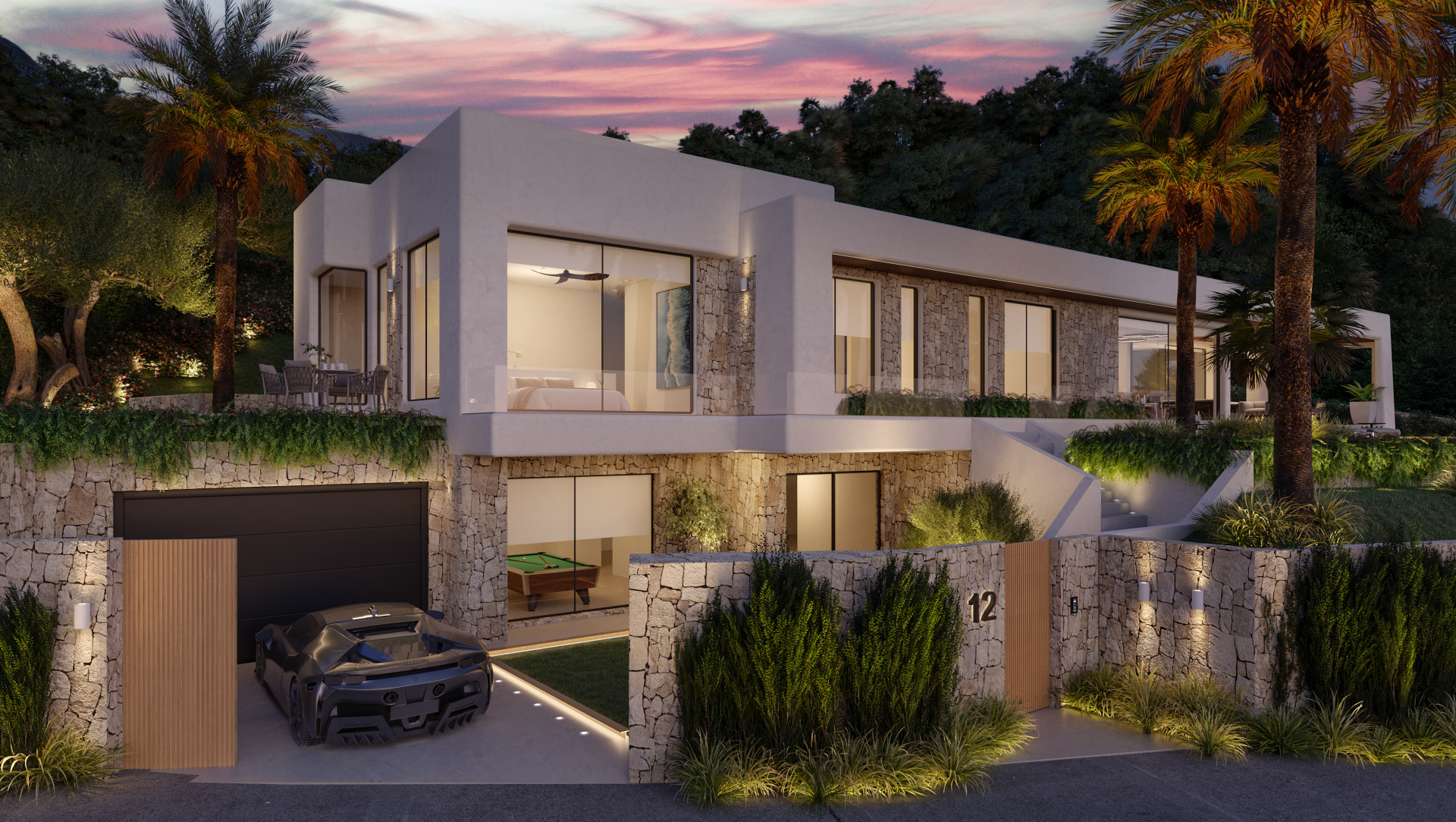 Moderne villa gevel met garage, zwembad en uitzicht op zee bij zonsondergang.