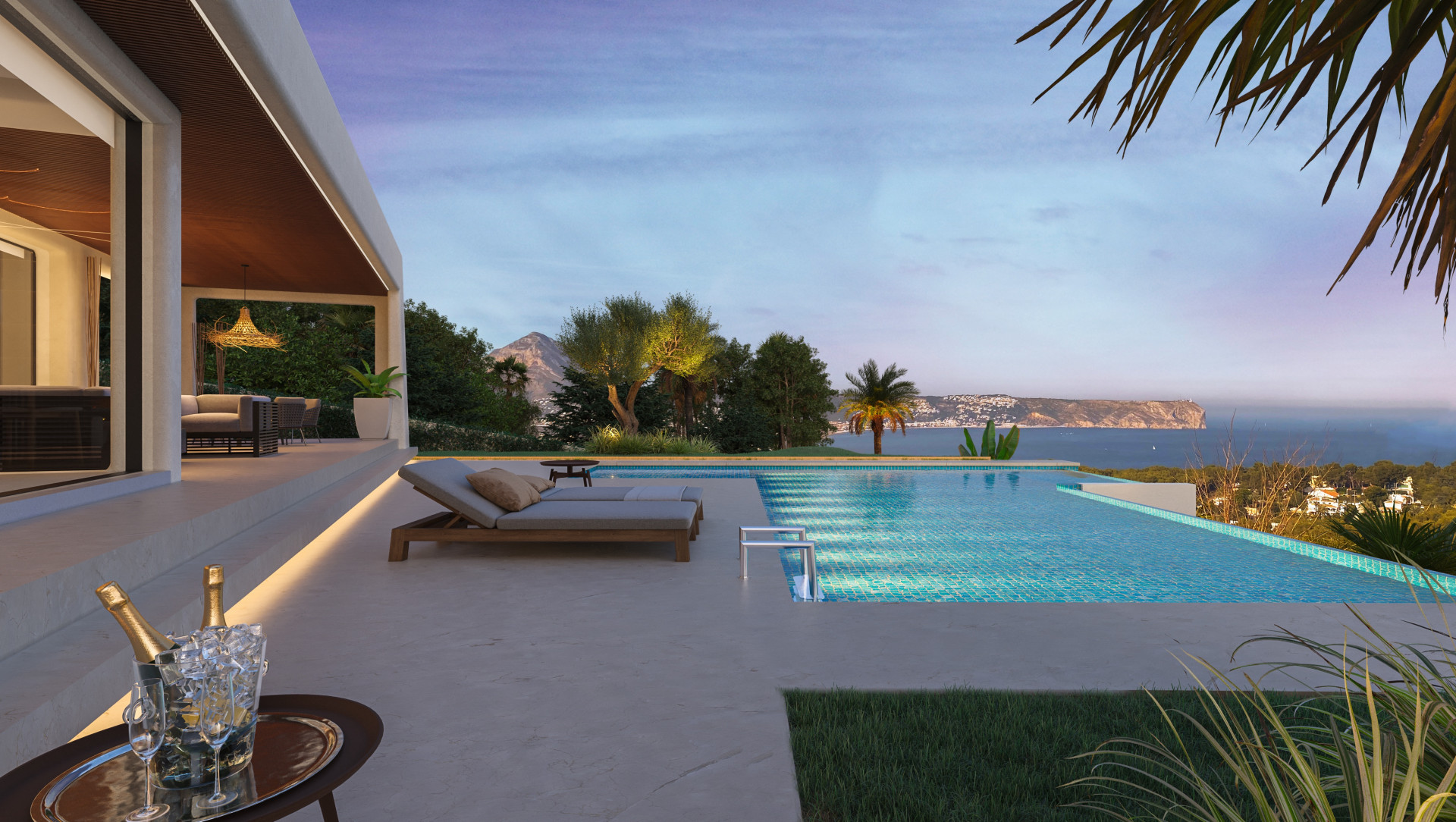 Terras met overloopzwembad en panoramisch uitzicht op zee in Jávea. Solarium met ligstoelen en overdekte zithoek.