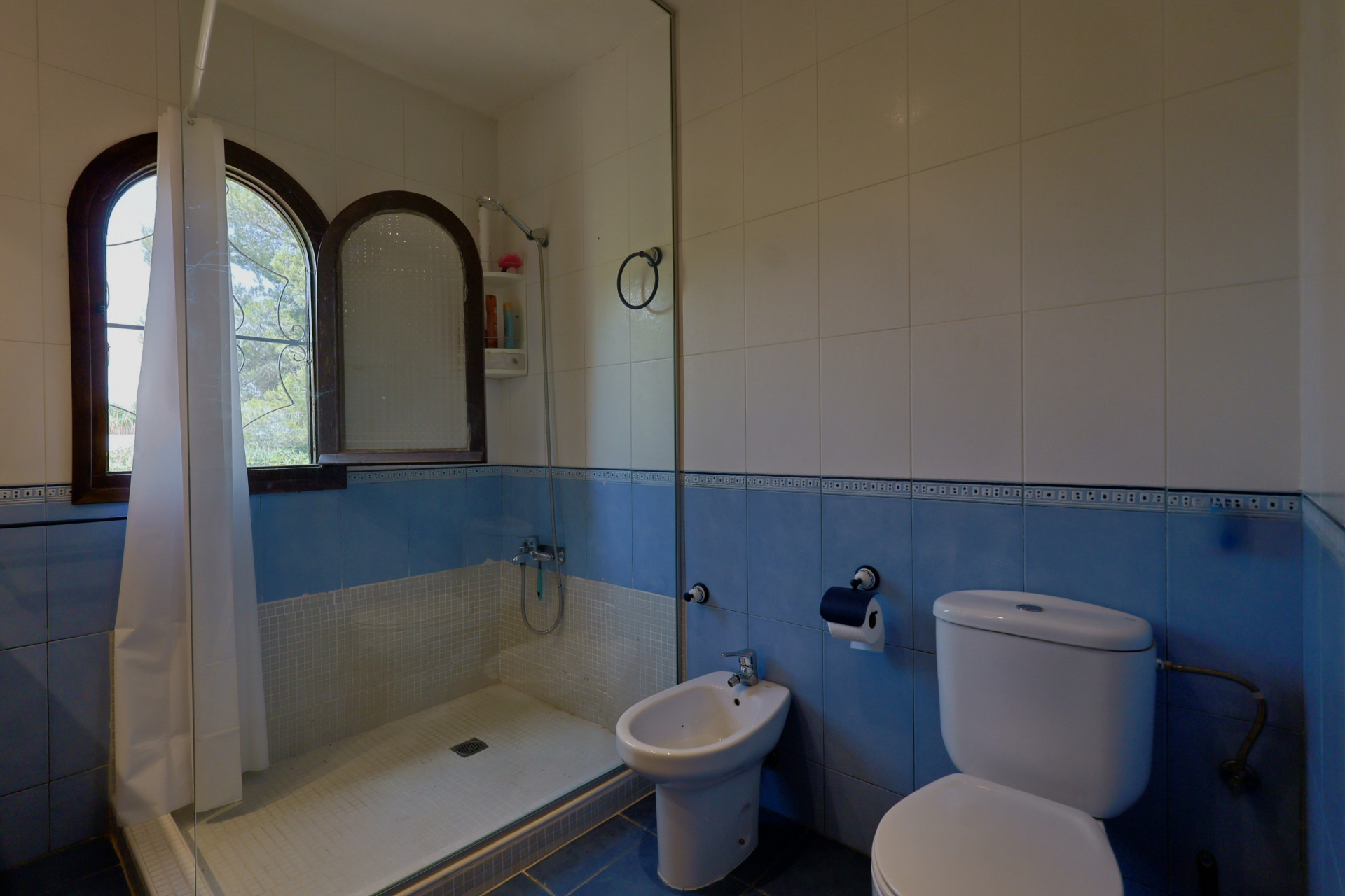 Badkamer met douche, bidet en toilet. Blauw-witte tegelwanden en gebogen houten ramen zorgen voor natuurlijk licht en uitzicht.