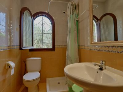 Badkamer met boogvormig houten raam, gestructureerd glas en smeedijzeren traliewerk. Tweekleurige tegelwanden met decoratieve rand, wit keramisch toilet en wastafel.