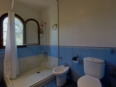 Badkamer met douche, bidet en toilet. Blauw-witte tegelwanden en gebogen houten ramen zorgen voor natuurlijk licht en uitzicht.