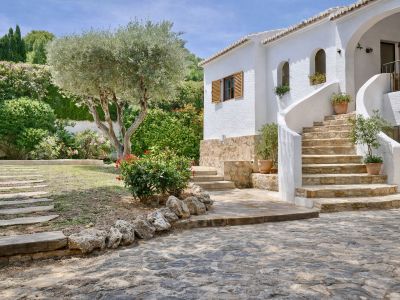 Witte villafaçade met gebogen stenen trap naar de ingang. De mediterrane tuin heeft een olijfboom, struiken en stapstenen in het gazon.