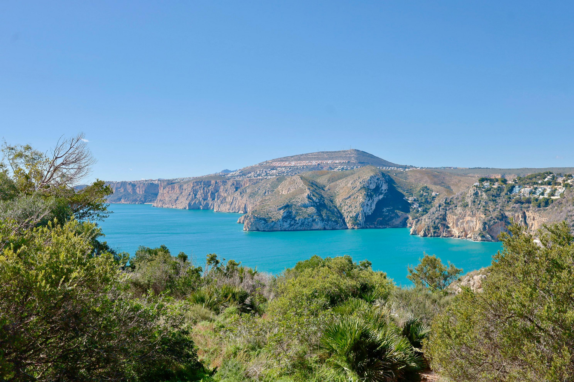 Panoramisch uitzicht op de rotsachtige kustlijn en de Middellandse Zee vanuit het weelderige groen van Jávea.