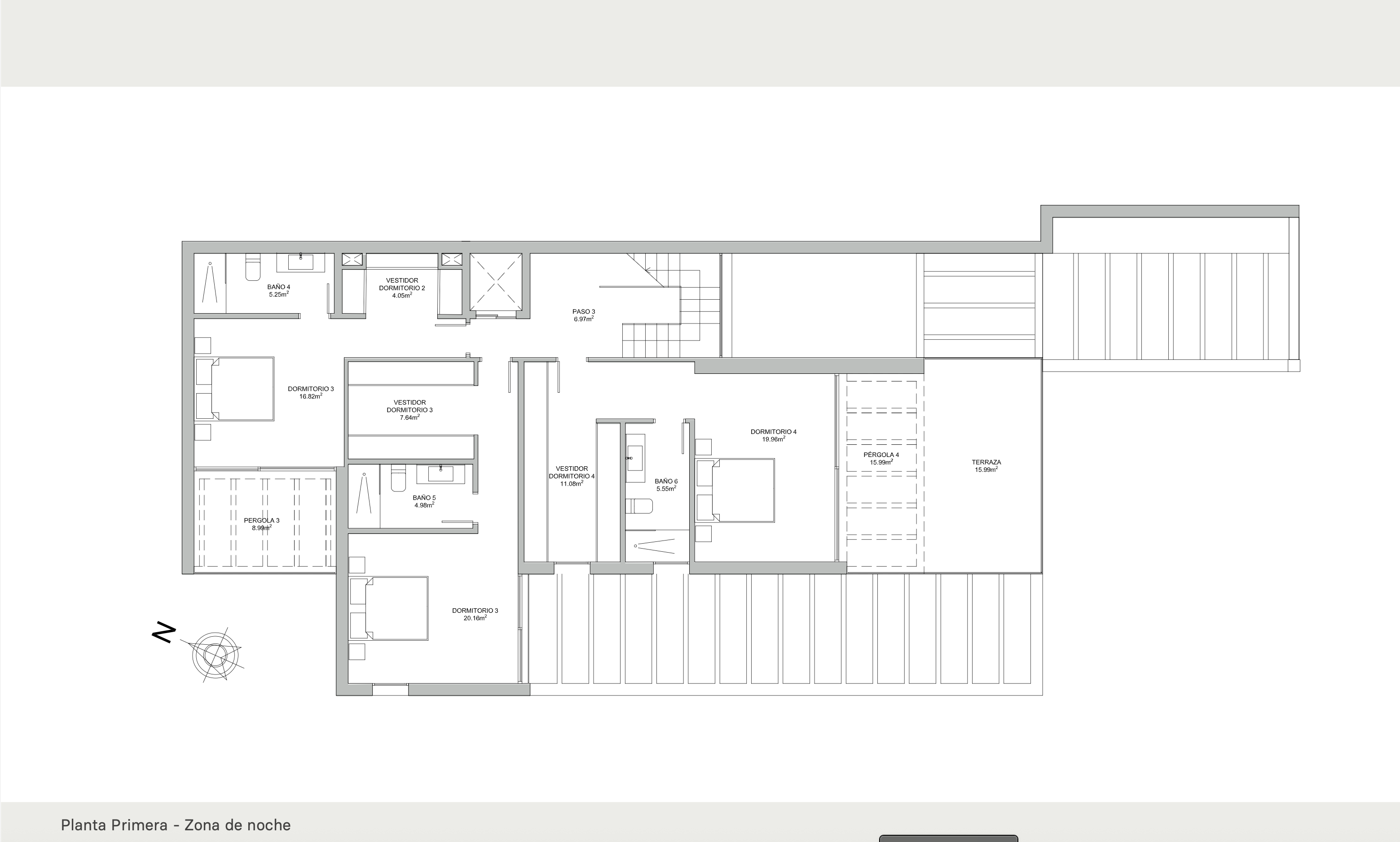 Gedetailleerde plattegrond van de eerste verdieping met drie slaapkamers en-suite, elk voorzien van een inloopkast en toegang tot de terrassen.