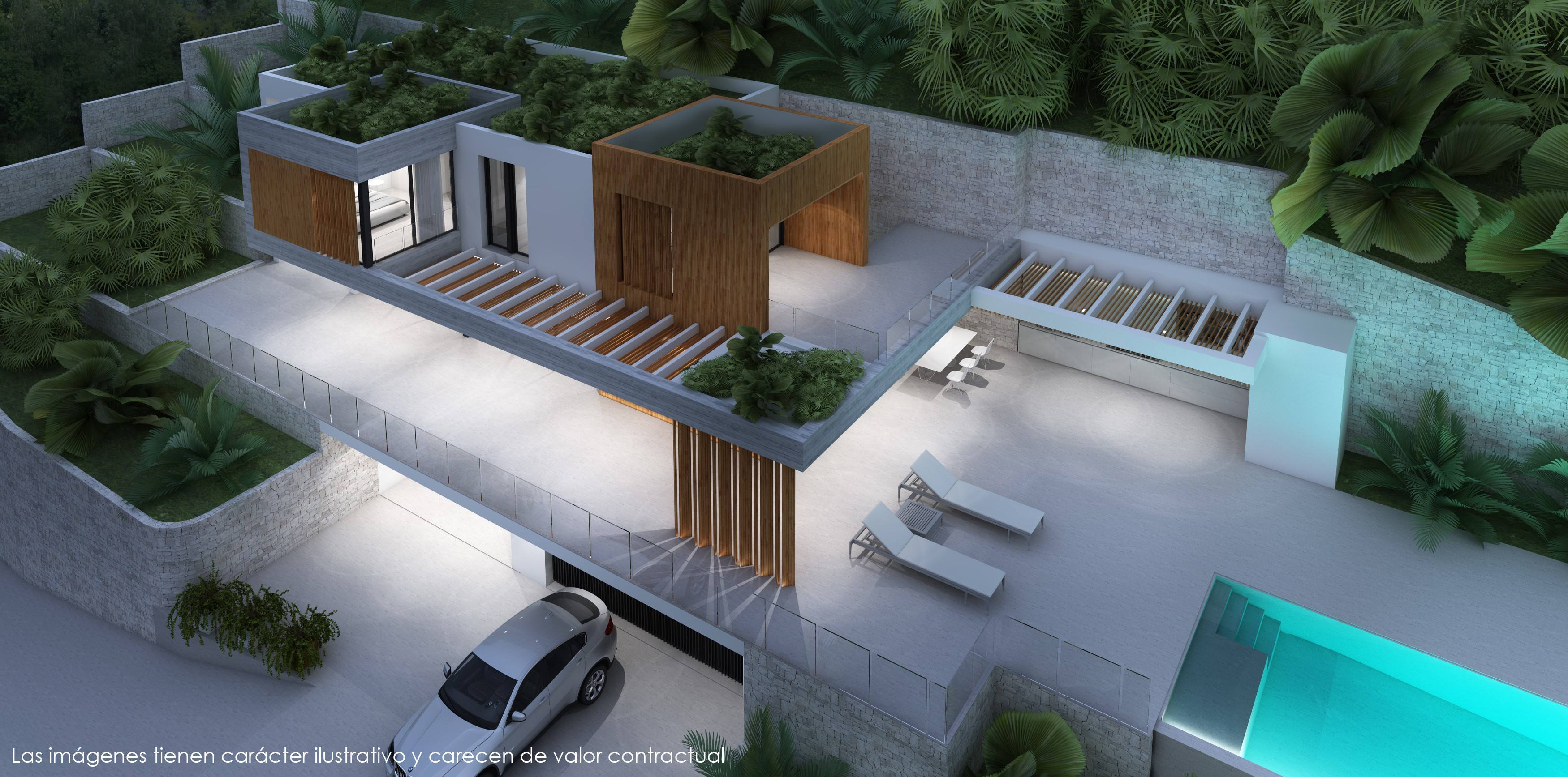 Luchtfoto van de villa met meerdere niveaus, groendaken, houten details, verlichte terrassen en toegang tot de onderliggende garage.