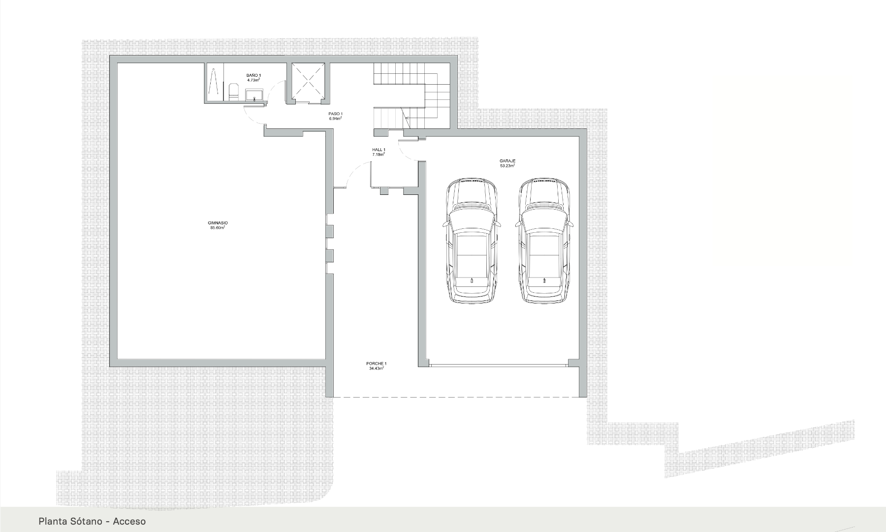Plattegrond van de kelderverdieping met een garage voor twee auto's, een fitnessruimte van 85 m², een badkamer en toegang via trap en lift.