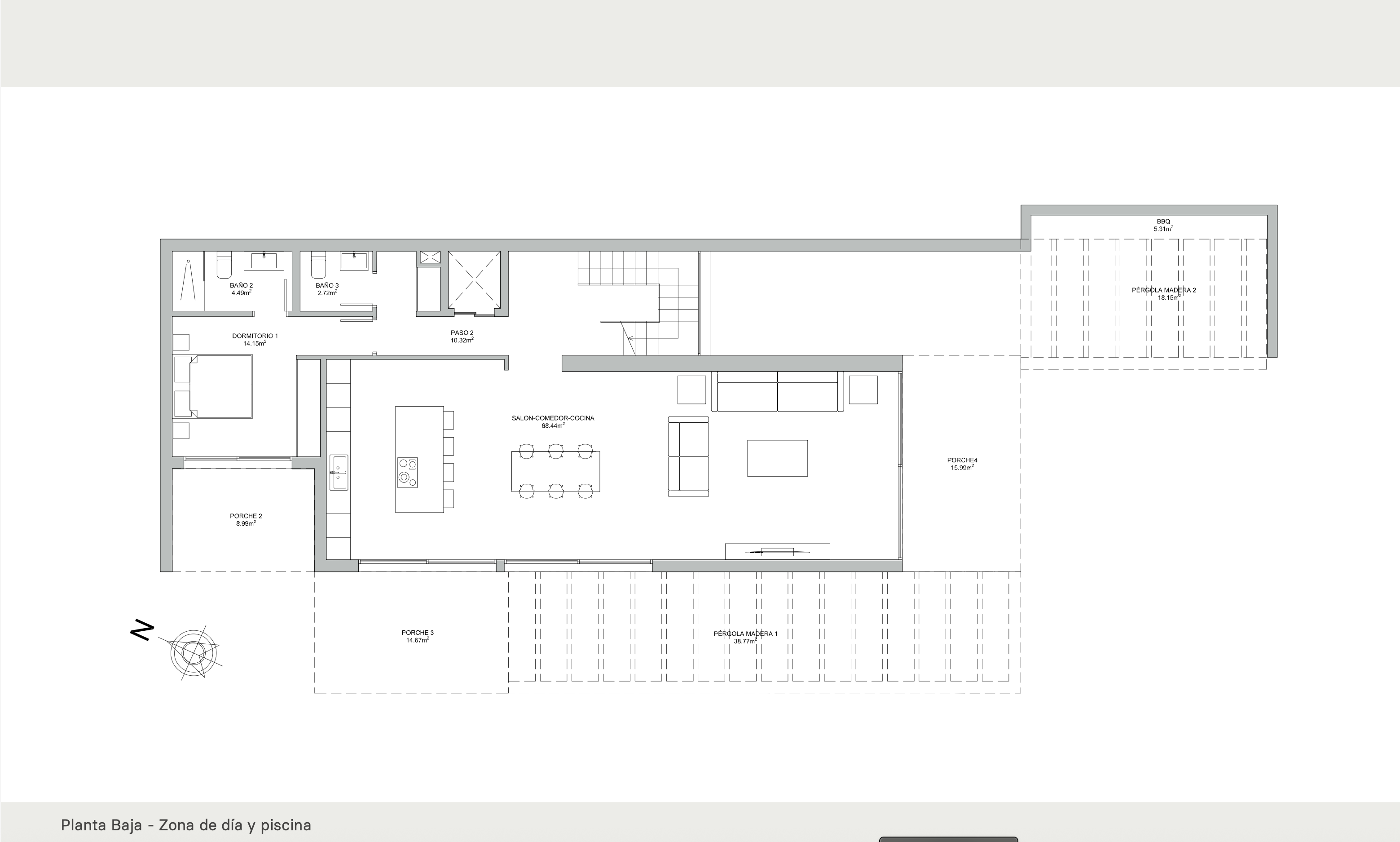 Technische plattegrond van de begane grond met een open woonruimte van 68m², een slaapkamer met en-suite badkamer, diverse veranda's en een barbecueplaats.