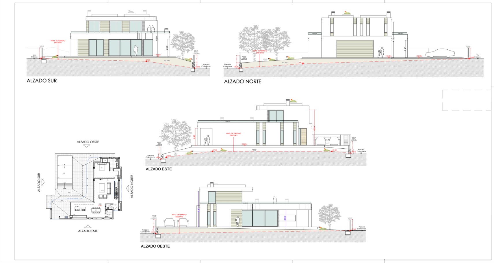 Architecturale gevelplannen van een moderne villa met twee verdiepingen, brede ramen en terreinindeling.