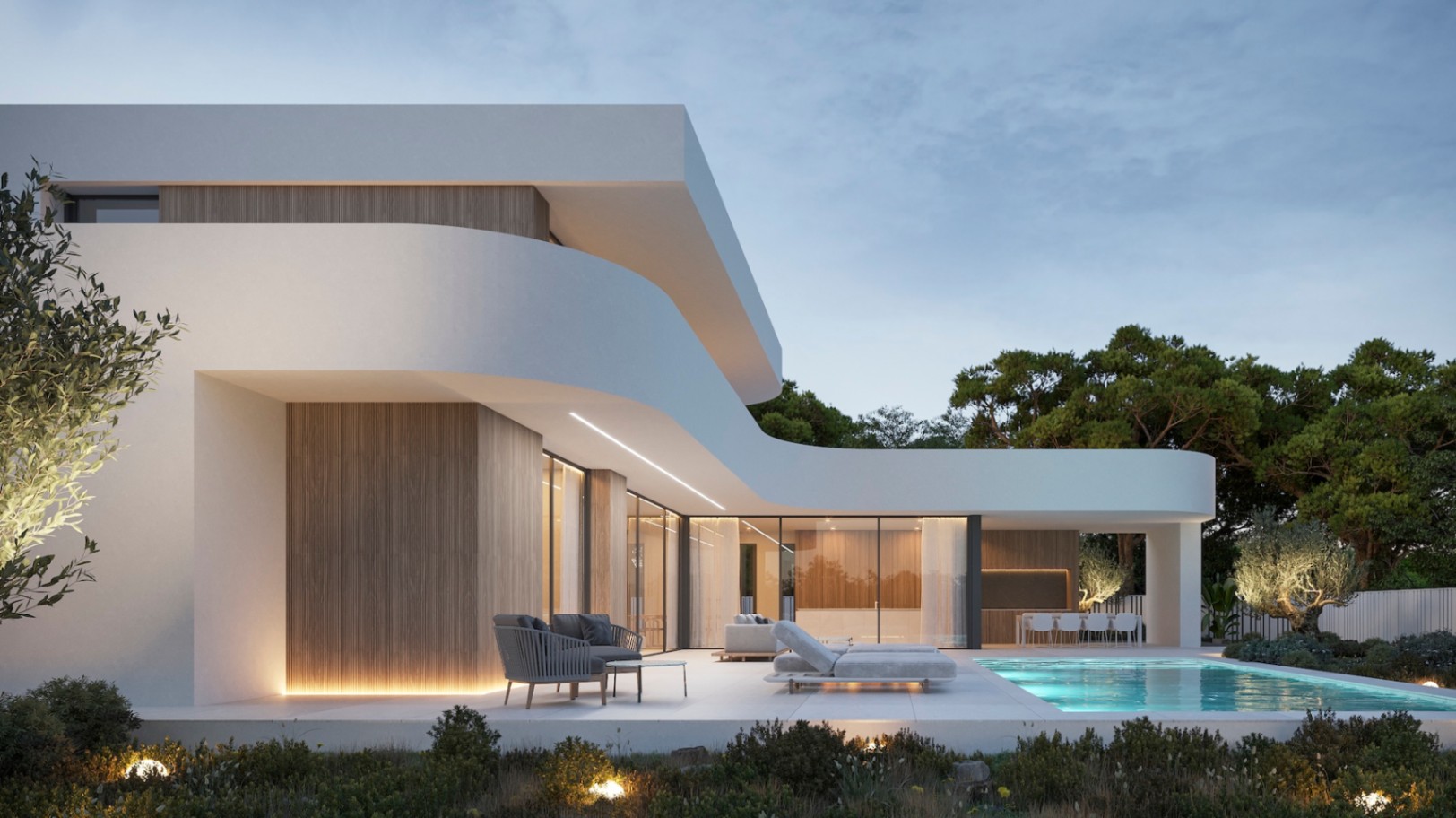 Exterieur van de moderne villa met verlicht zwembad, gemeubileerd terras en lichte houten details.