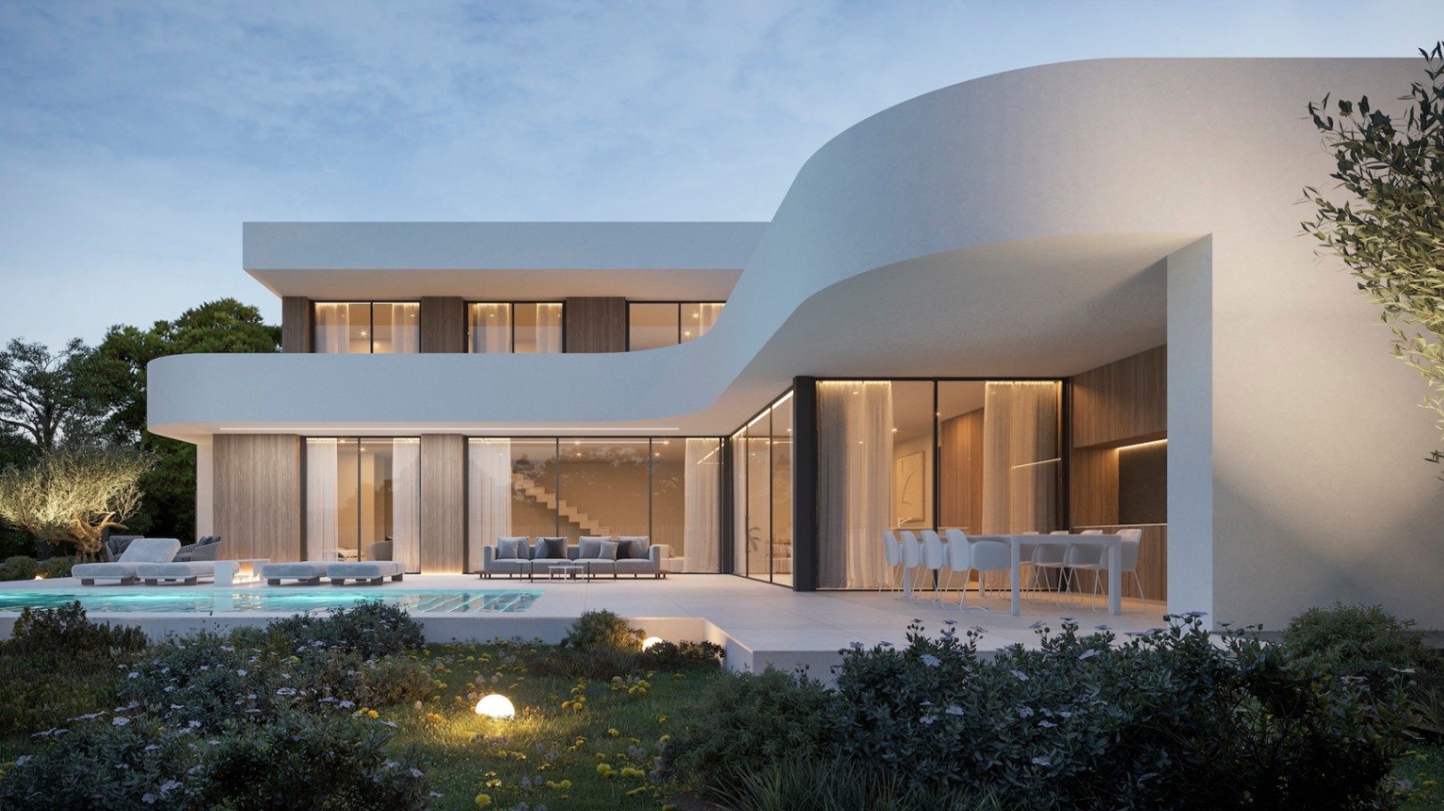 Exterieur van de moderne villa met zwembad, bloementuin en gebogen witte gevel.