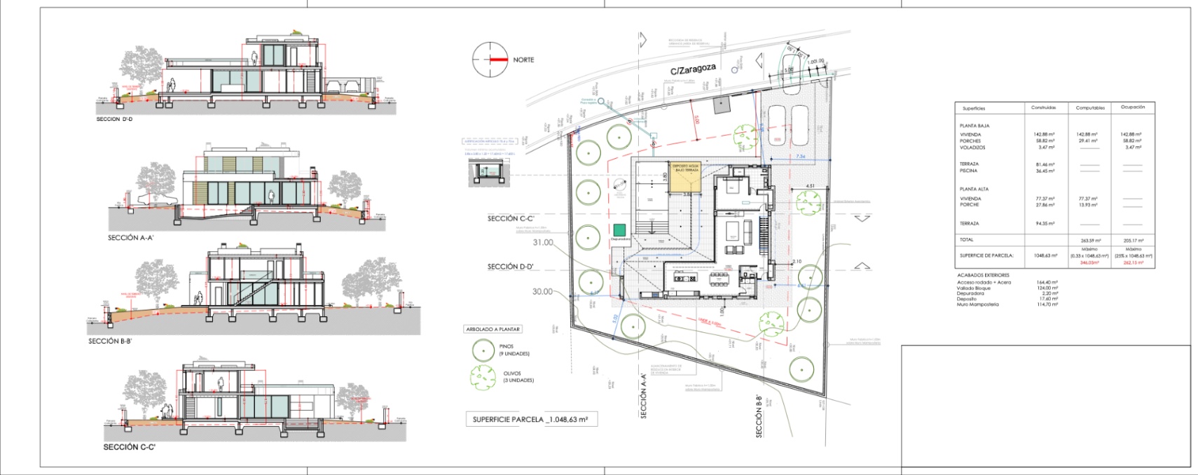 Gedetailleerd architectonisch plan van een moderne villa, met indeling van ruimtes en tuinen.