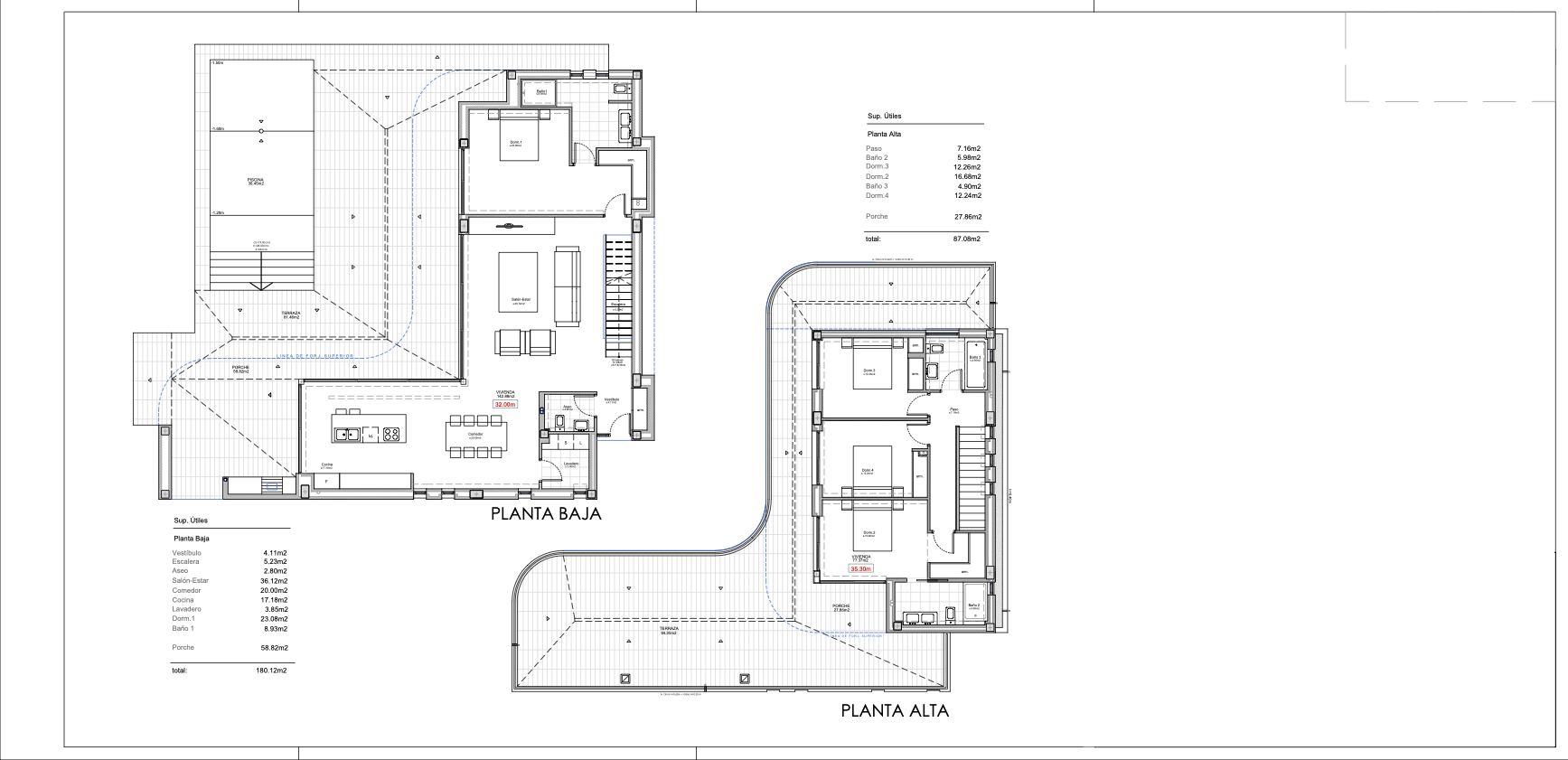 Gedetailleerd architectonisch plan van een villa met twee verdiepingen, zwembad en tuin, met de interne en externe indeling.