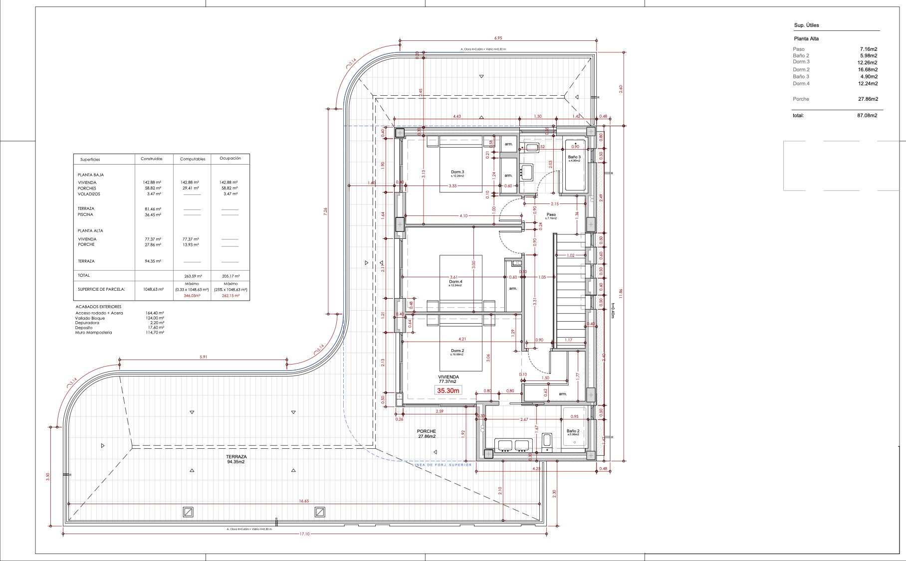 Gedetailleerde architectuurplattegrond van de bovenverdieping, met de indeling van slaapkamers en badkamers.