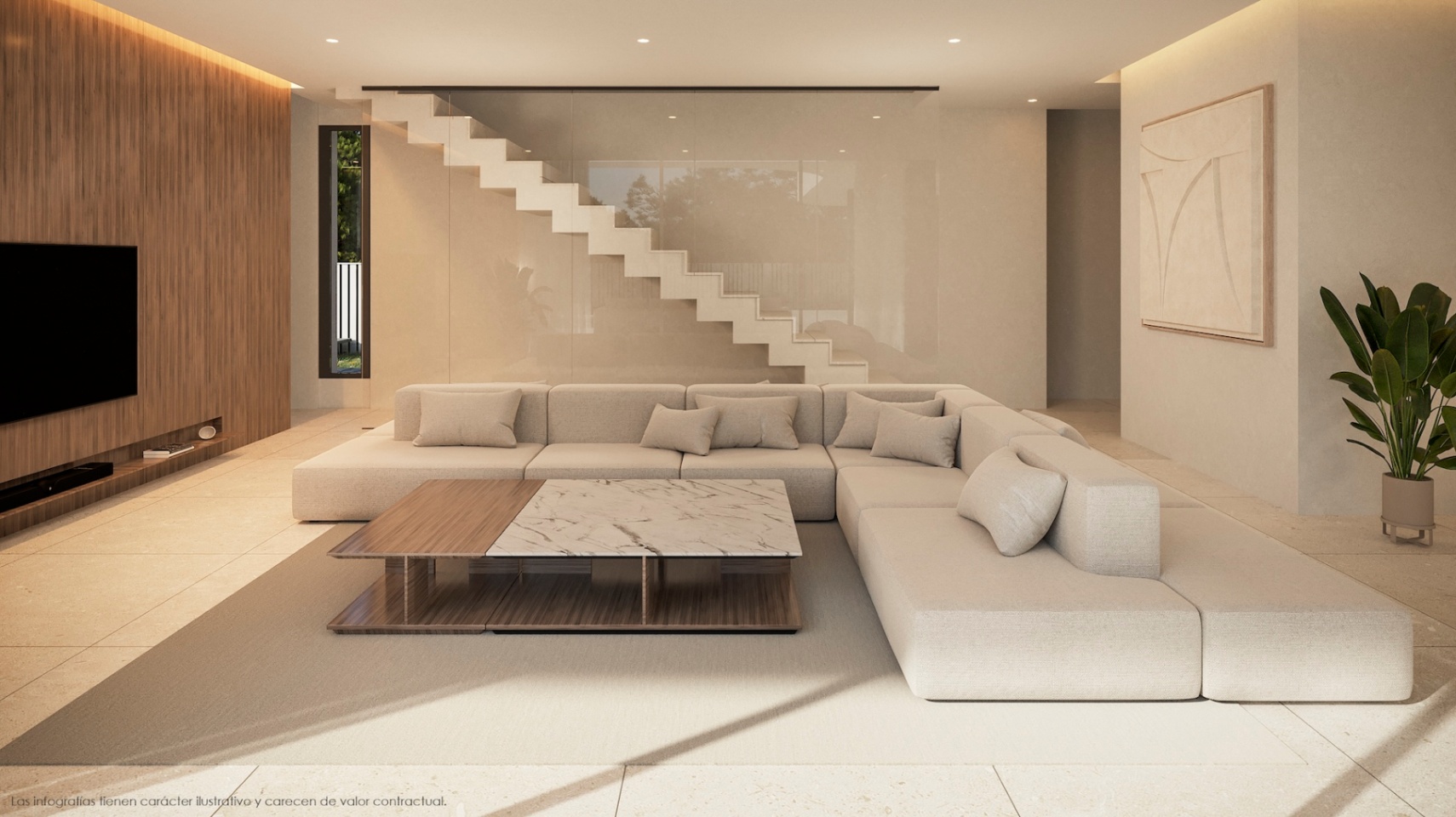 Moderne woonkamer met beige modulaire bank, marmeren salontafel en zwevende trap.