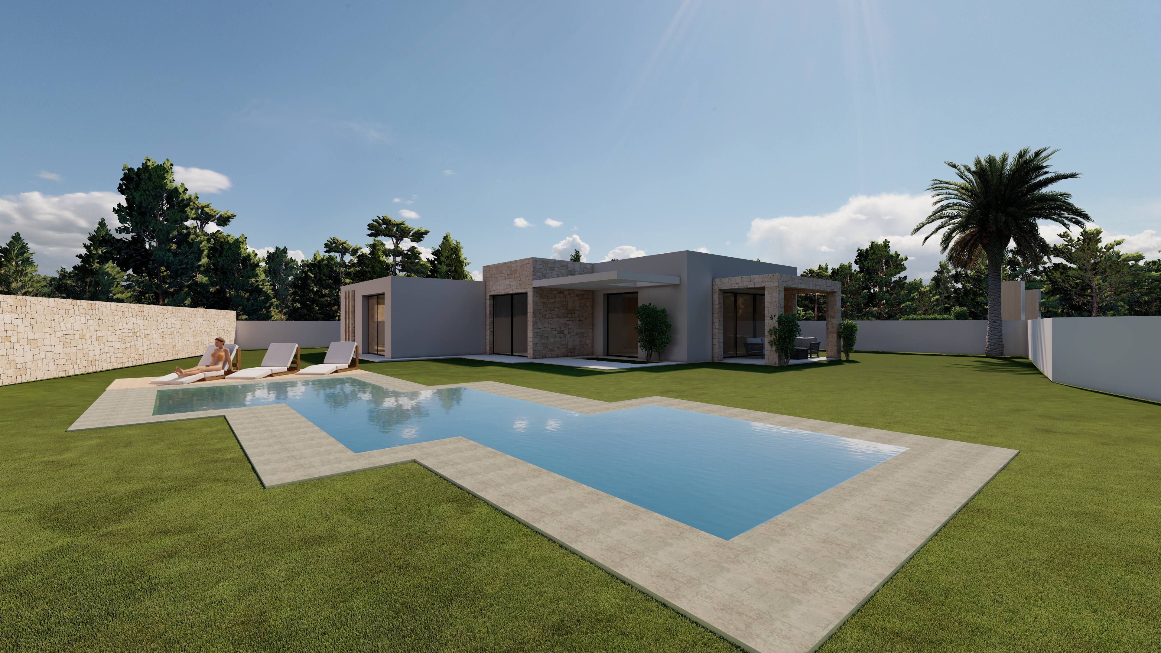 Eigentijdse villa met een hoekig zwembad, grote gazontuin en een met natuursteen beklede veranda grenzend aan grote glazen schuifdeuren.