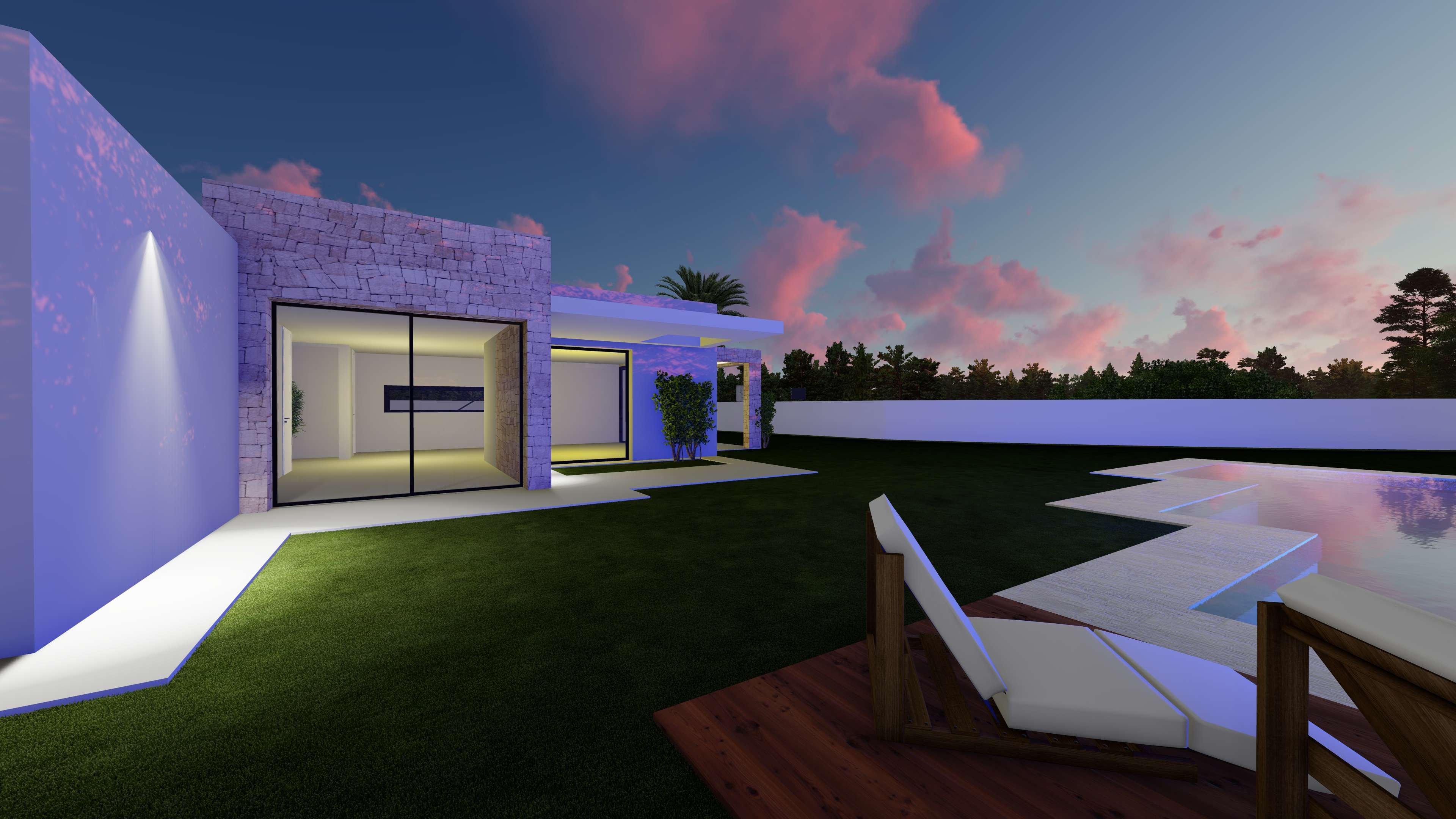 Exterieur van de villa bij zonsondergang met natuurstenen gevel, grote glazen schuifdeuren, een strak gazon en een geometrisch zwembad met houten terras.