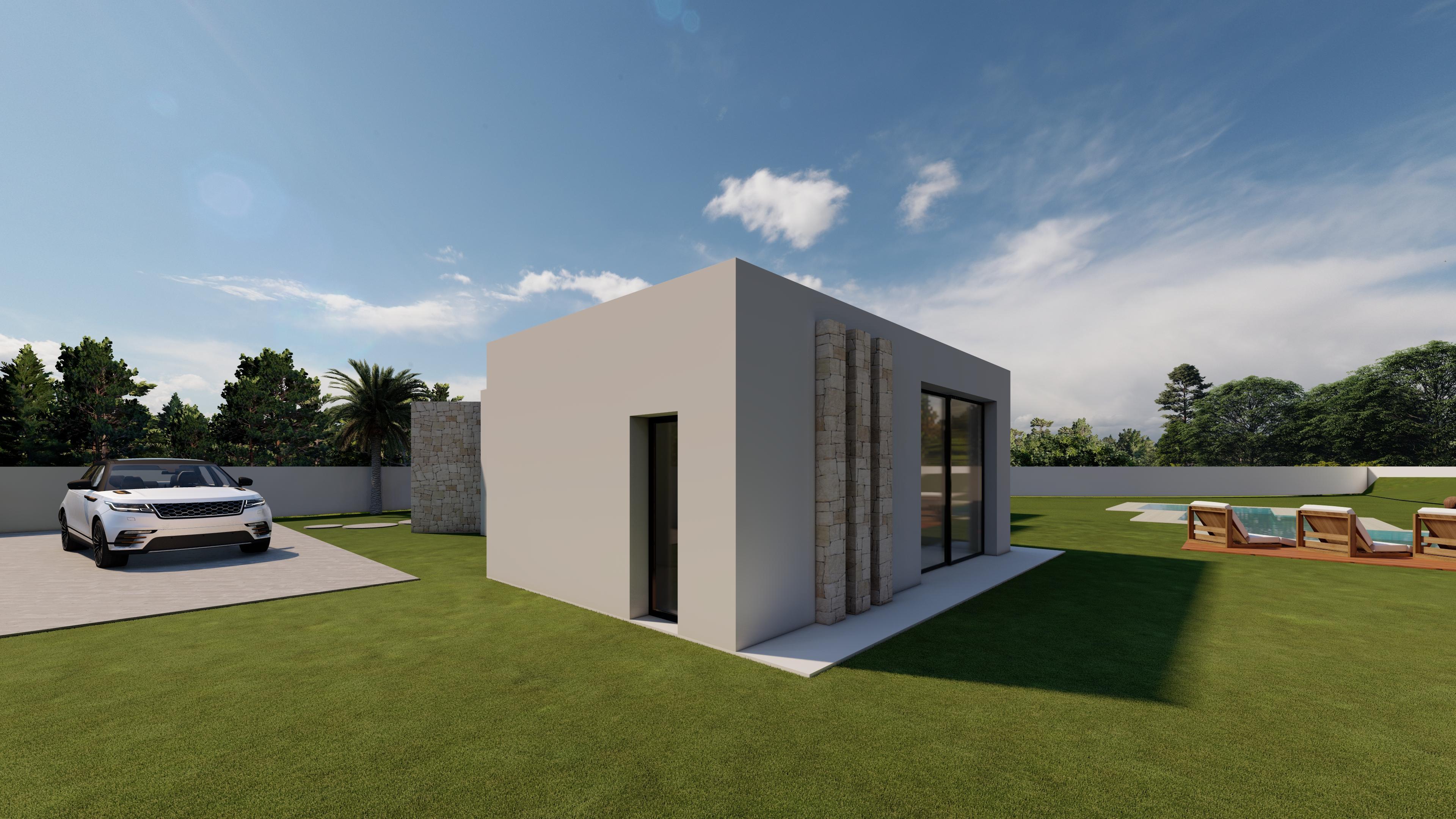 Exterieur van een moderne villa met witte gevel, natuurstenen details, een strak gazon en een zwembad met houten terras en ligbedden.