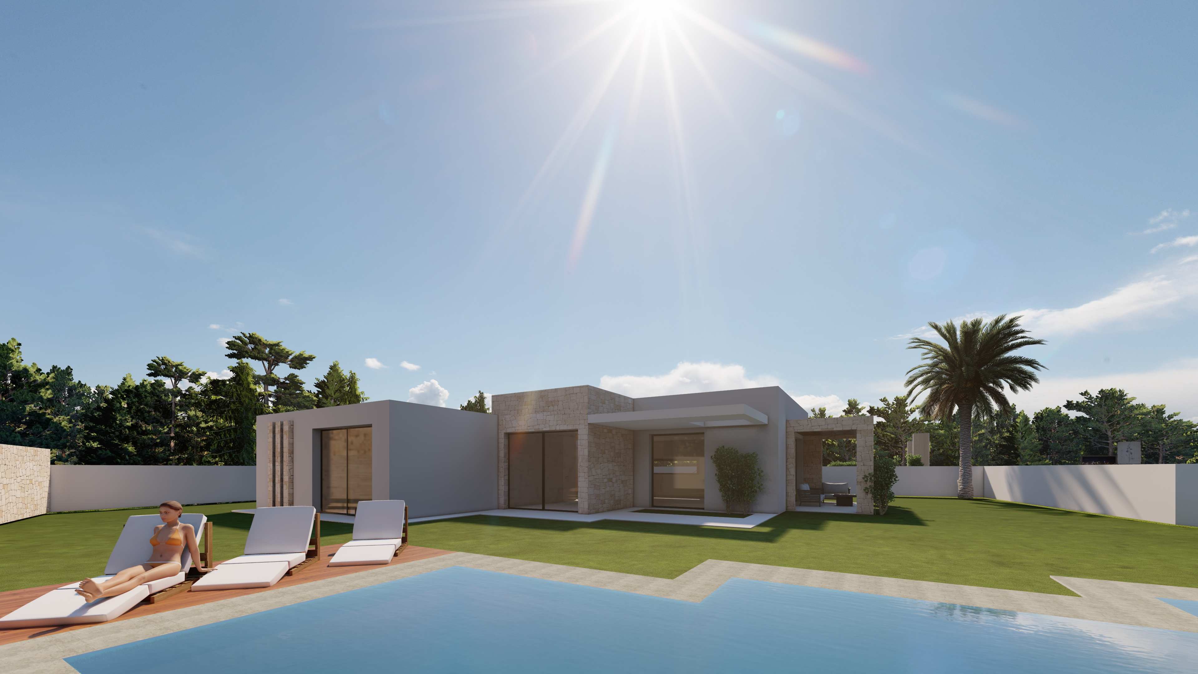 Moderne gelijkvloerse villa met zwembad, houten zonneterras en natuurstenen gevel. Ruime tuin met gazon en grote glazen schuifdeuren.