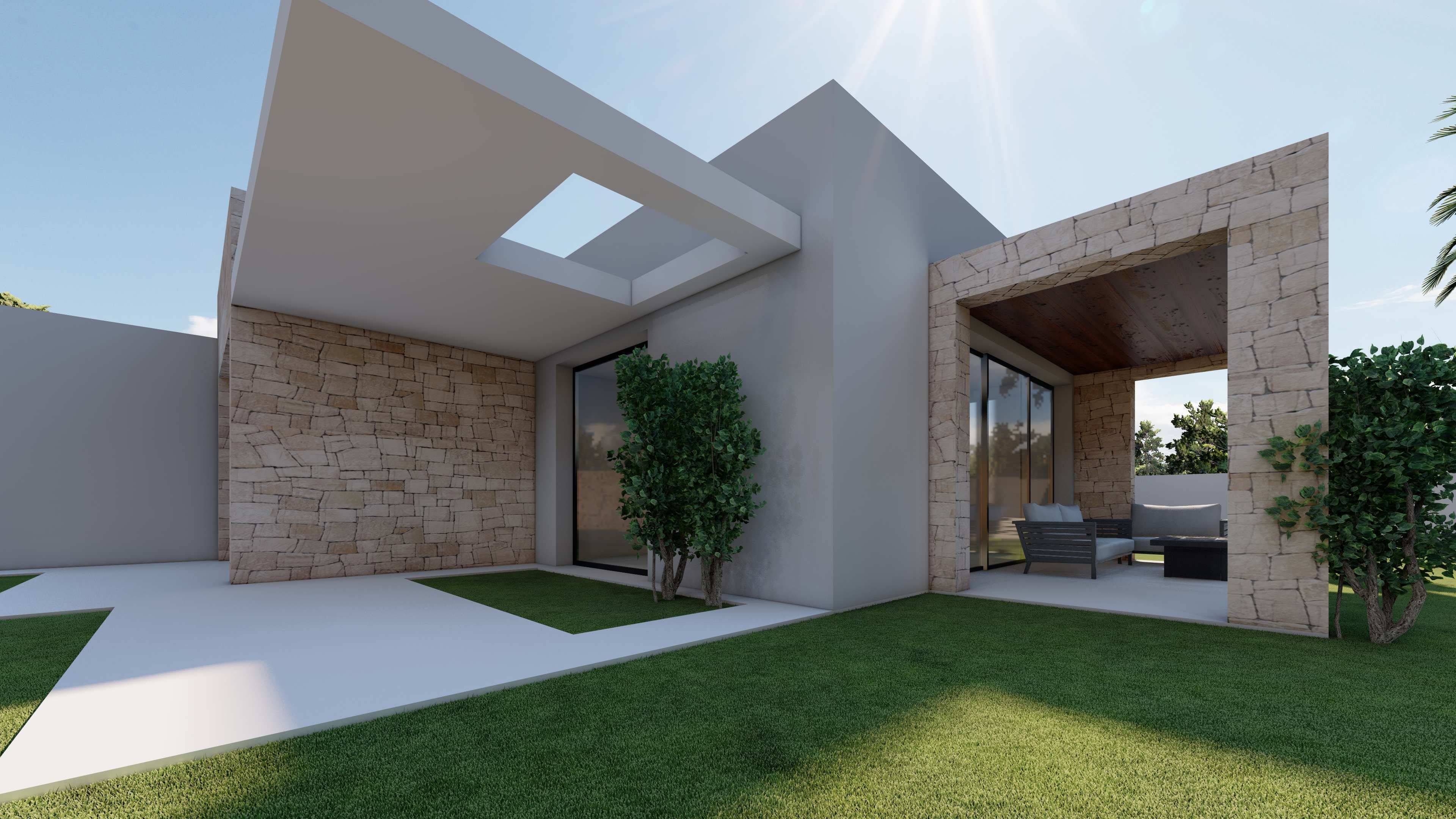 Moderne gevel met natuurstenen muren, gladde afwerkingen en een overdekt terras met houten plafond en een buitenruimte die naadloos aansluit op de tuin.