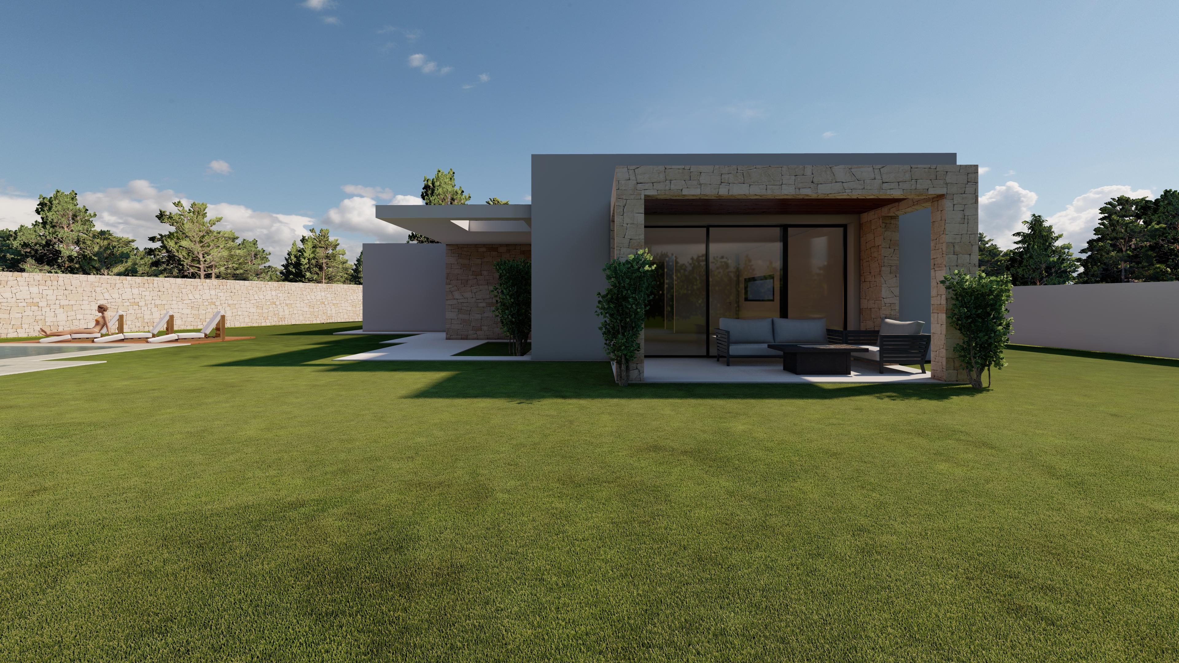 Moderne villa met een groot gazon, een met natuursteen bekleed overdekt terras met loungeset en een zwembadgedeelte met ligbedden op de achtergrond.