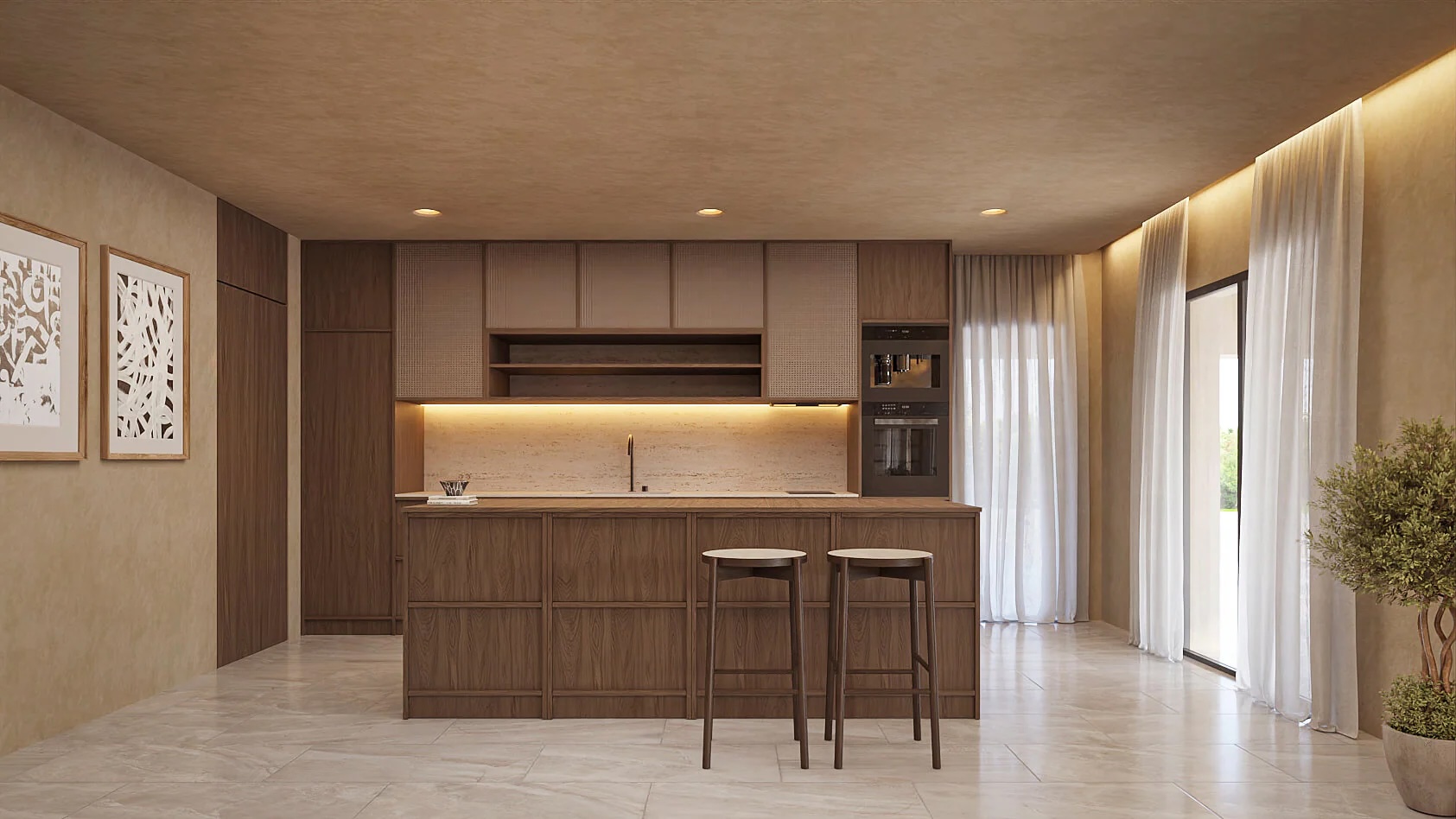 Designkeuken met een donkerhouten kookeiland, geïntegreerde apparatuur en stenen achterwand. Voorzien van indirecte LED-verlichting en een lichte tegelvloer.