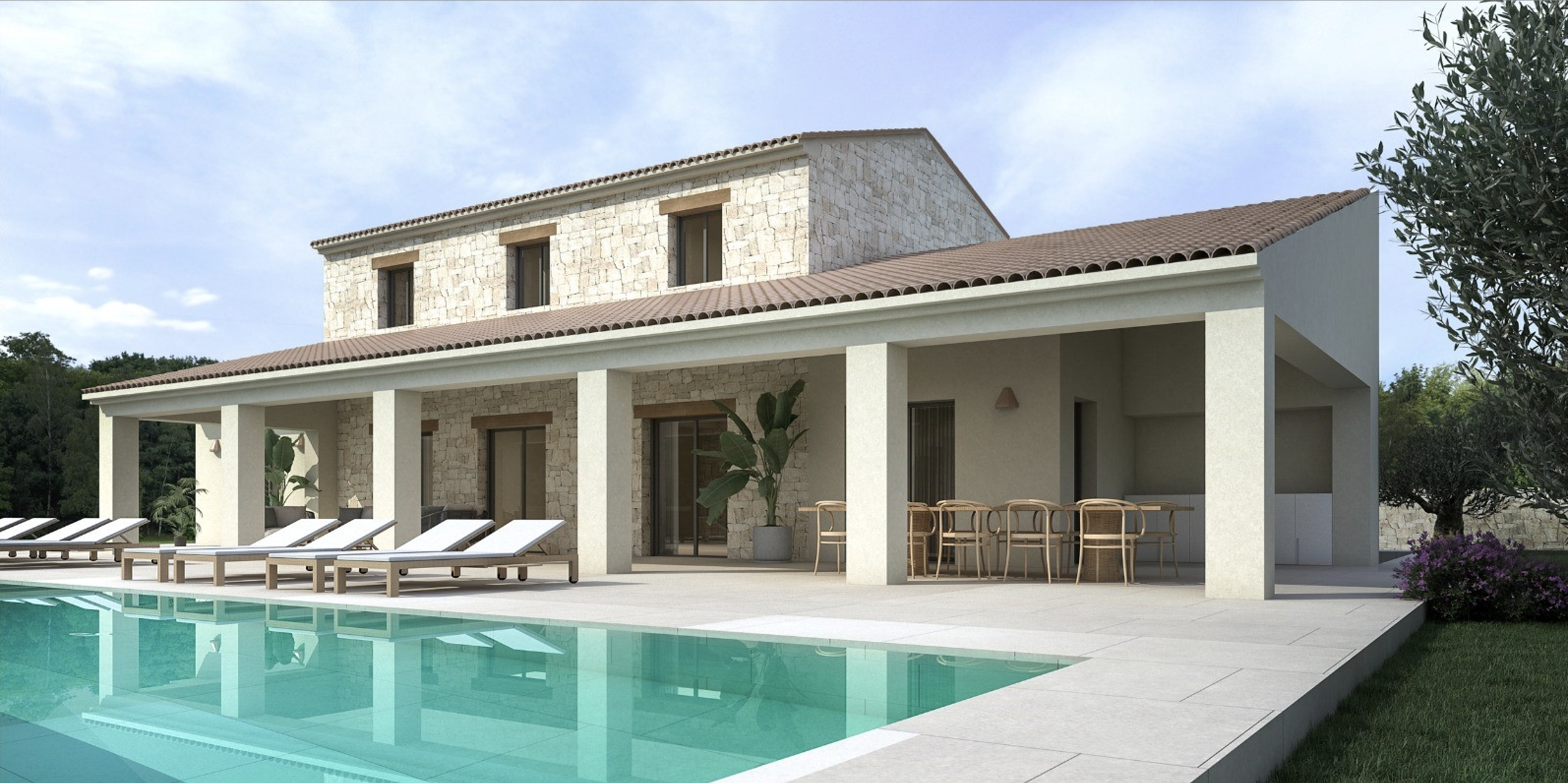 Exterieur van een mediterrane villa met natuurstenen gevel, ruim overdekt terras met eethoek en zwembad met ligbedden op een modern betegeld terras.