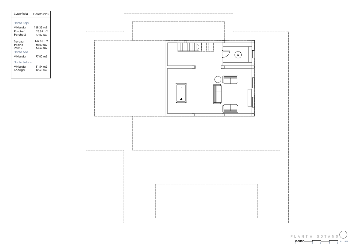 Gedetailleerde plattegrond van het souterrain van 81,54 m², met een recreatieruimte inclusief biljarttafel, zithoek en een aparte wijnkelder van 12,60 m².