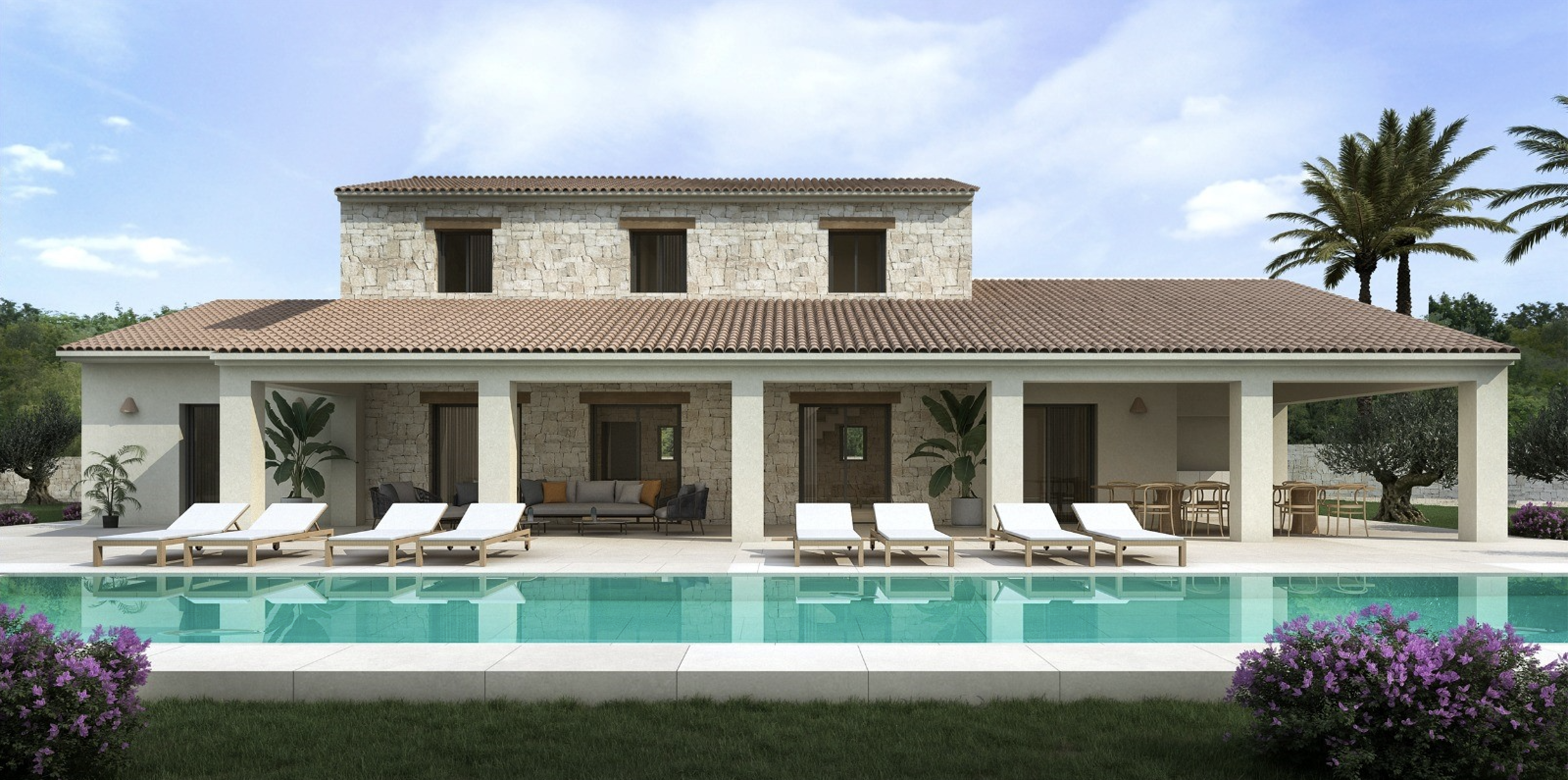 Mediterrane gevel van natuursteen met een ruim overdekt terras, rechthoekig zwembad en een zonnedek voorzien van moderne ligbedden en beplanting.