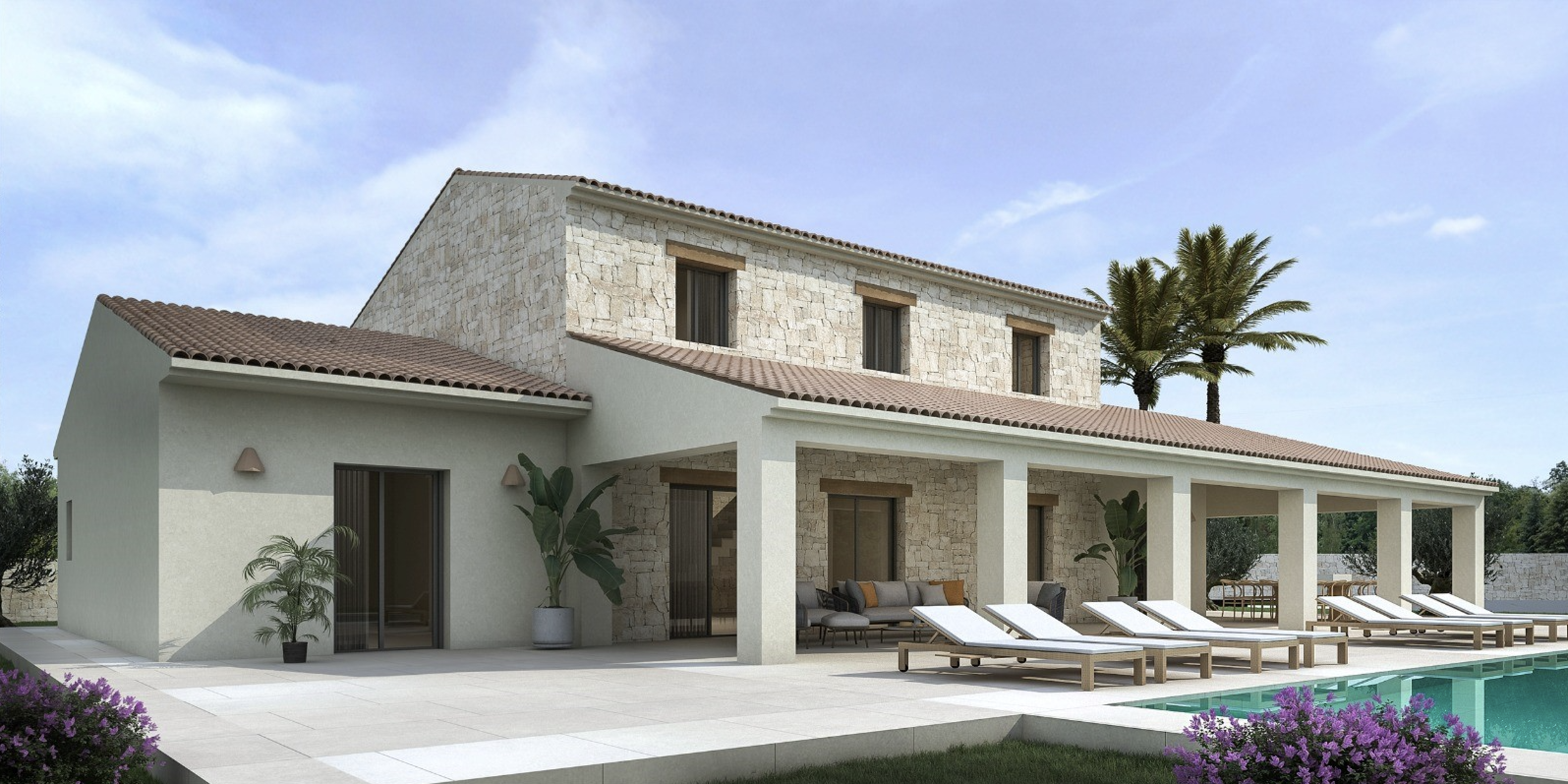 Mediterrane villa met natuurstenen gevel, een ruim overdekt terras met loungehoek en een zonneterras met ligbedden naast het zwembad.