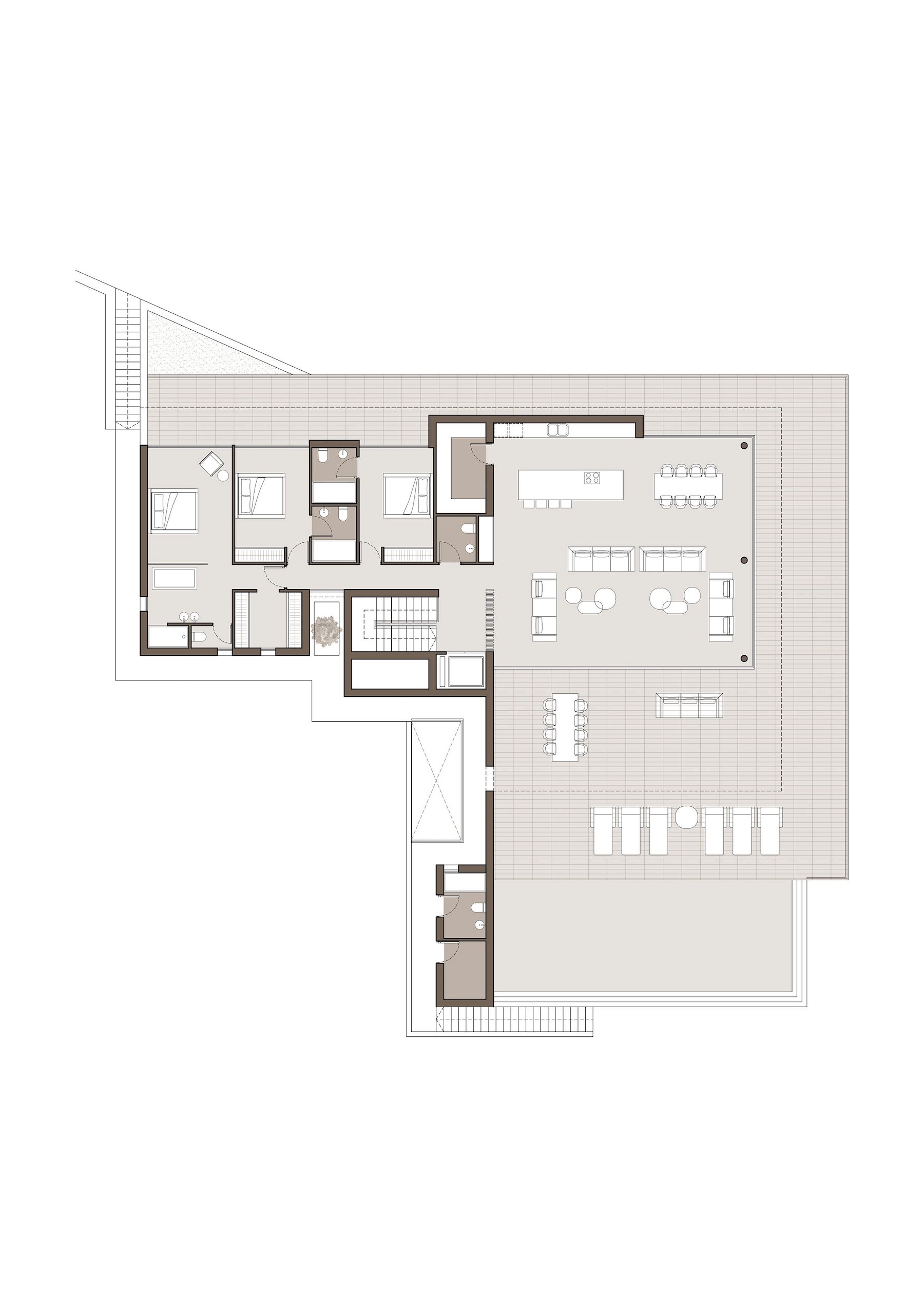 Architecturale plattegrond van de bovenverdieping met een open woonruimte, drie slaapkamers met eigen badkamer en een ruim omlopend terras voorzien van diverse zithoeken.
