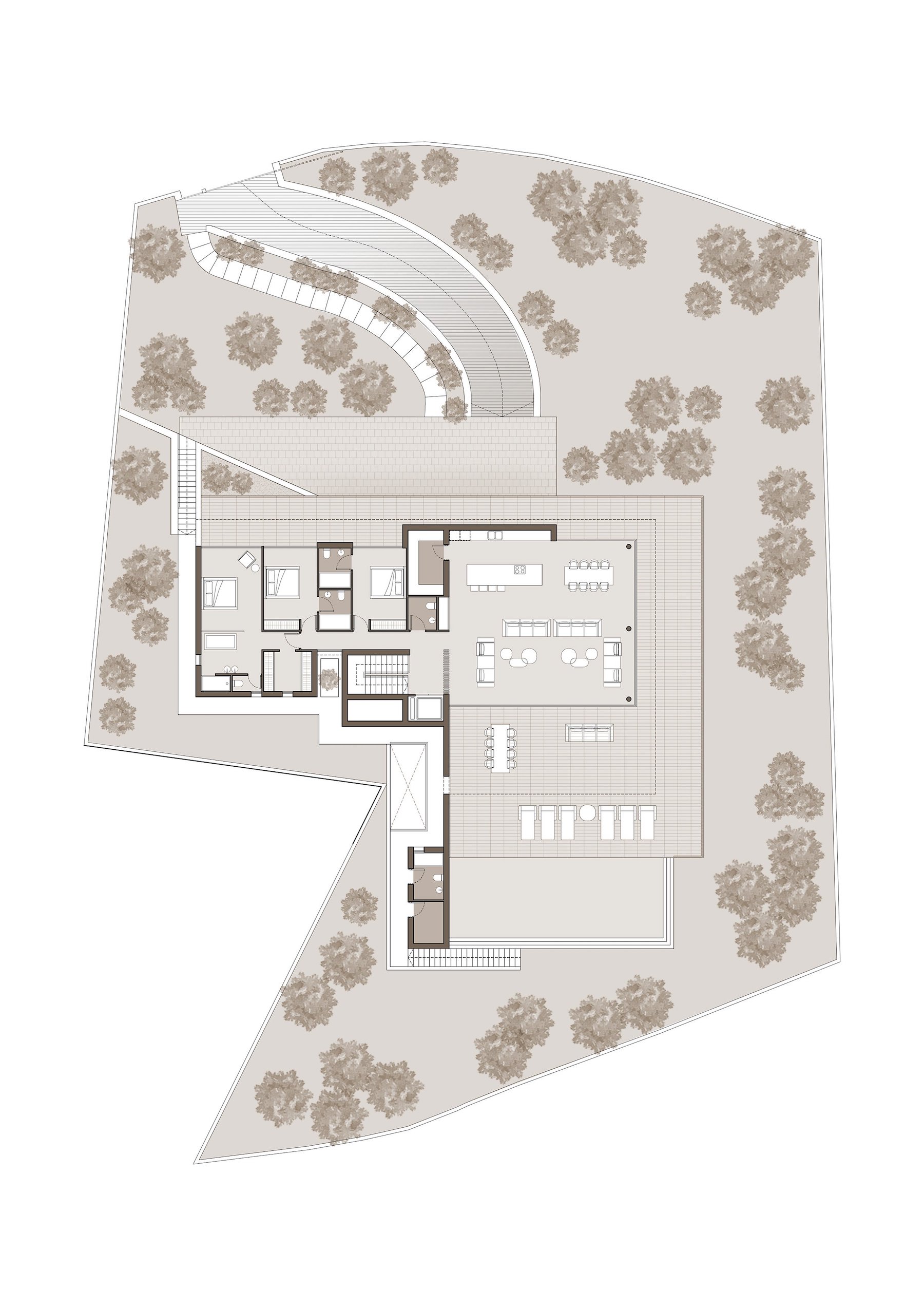Architecturale plattegrond van de bovenverdieping met een open woonruimte van 90m², slaapkamers met en-suite badkamers en een groot terras met een zwembadgedeelte.