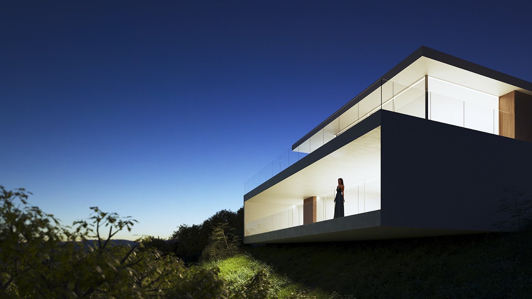 Exterieur van de villa bij schemering met uitkragende terrassen, glazen balustrades en warme binnenverlichting tegen een diepblauwe lucht.