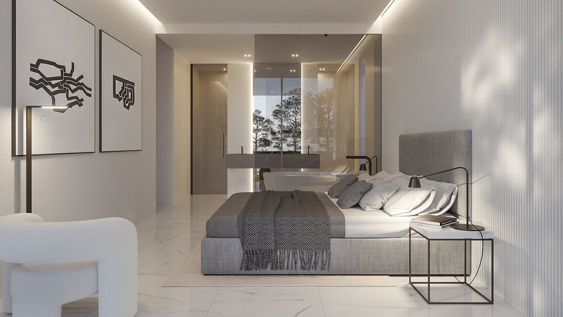 Hoofdslaapkamer met geïntegreerde badkamer, witte marmeren vloer en wandpanelen met textuur. Voorzien van een vrijstaand bad en kamerhoge glazen wanden.
