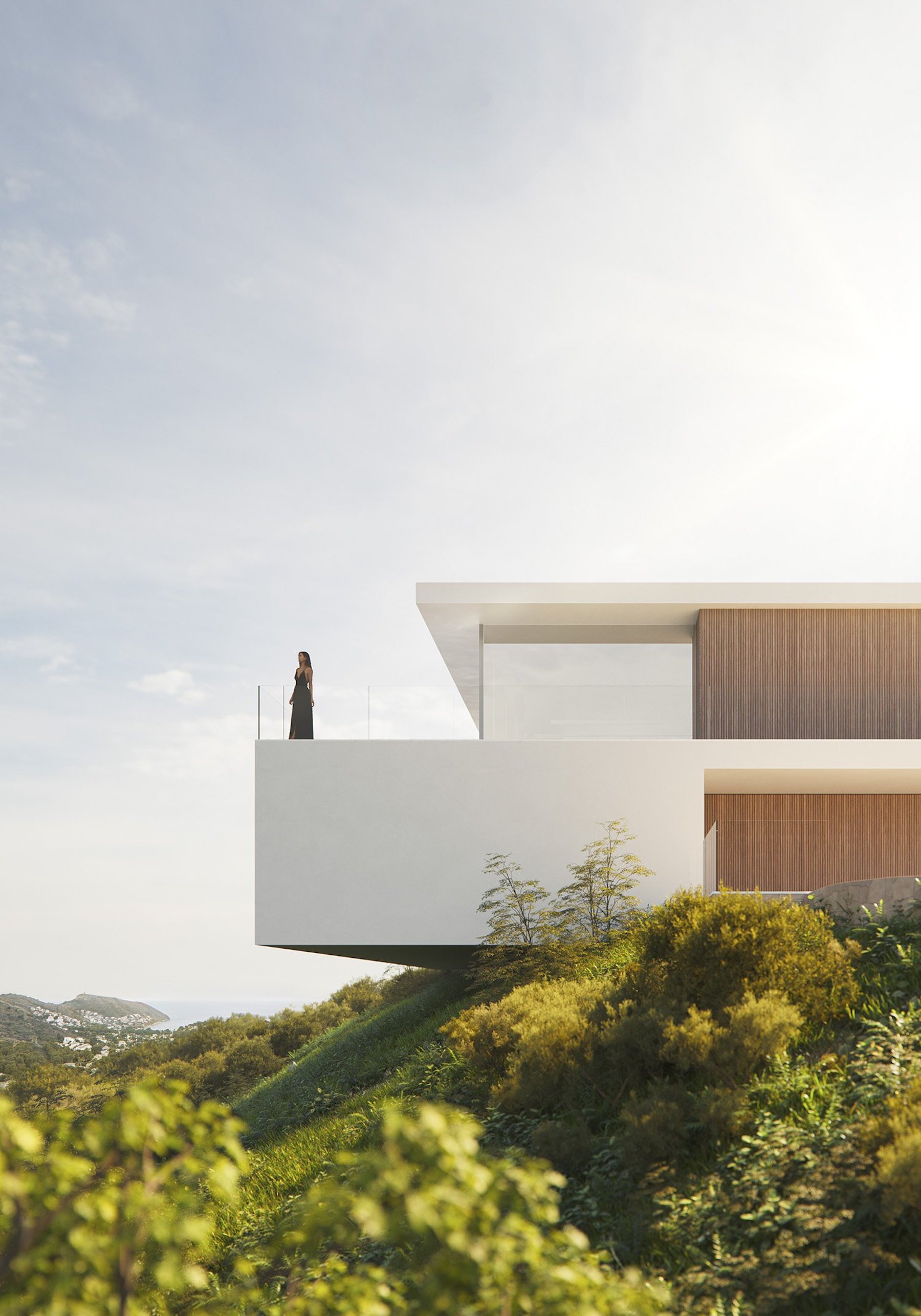 Minimalistisch uitkragend terras met glazen balustrade, houten gevelbekleding en panoramisch uitzicht over de kustlijn en het omliggende landschap.