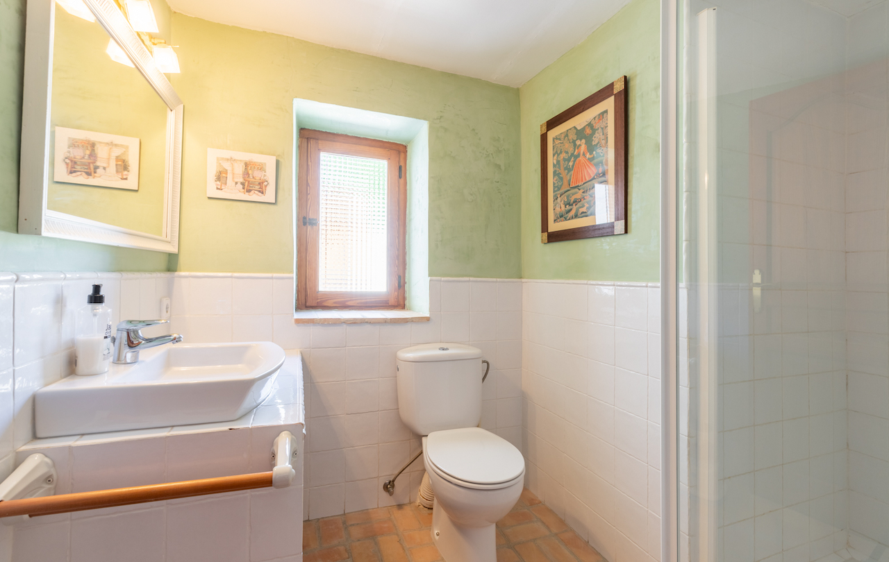 Badkamer in rustieke stijl met lichtgroene muren, witte tegels, een terracotta vloer en een houten raam voor natuurlijk licht.