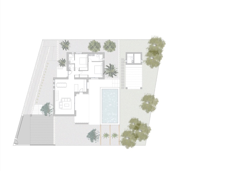 Architectonisch inrichtingsplan met de indeling van de woning, het zwembad, de buitenterrassen en het ontwerp van de mediterrane tuin.