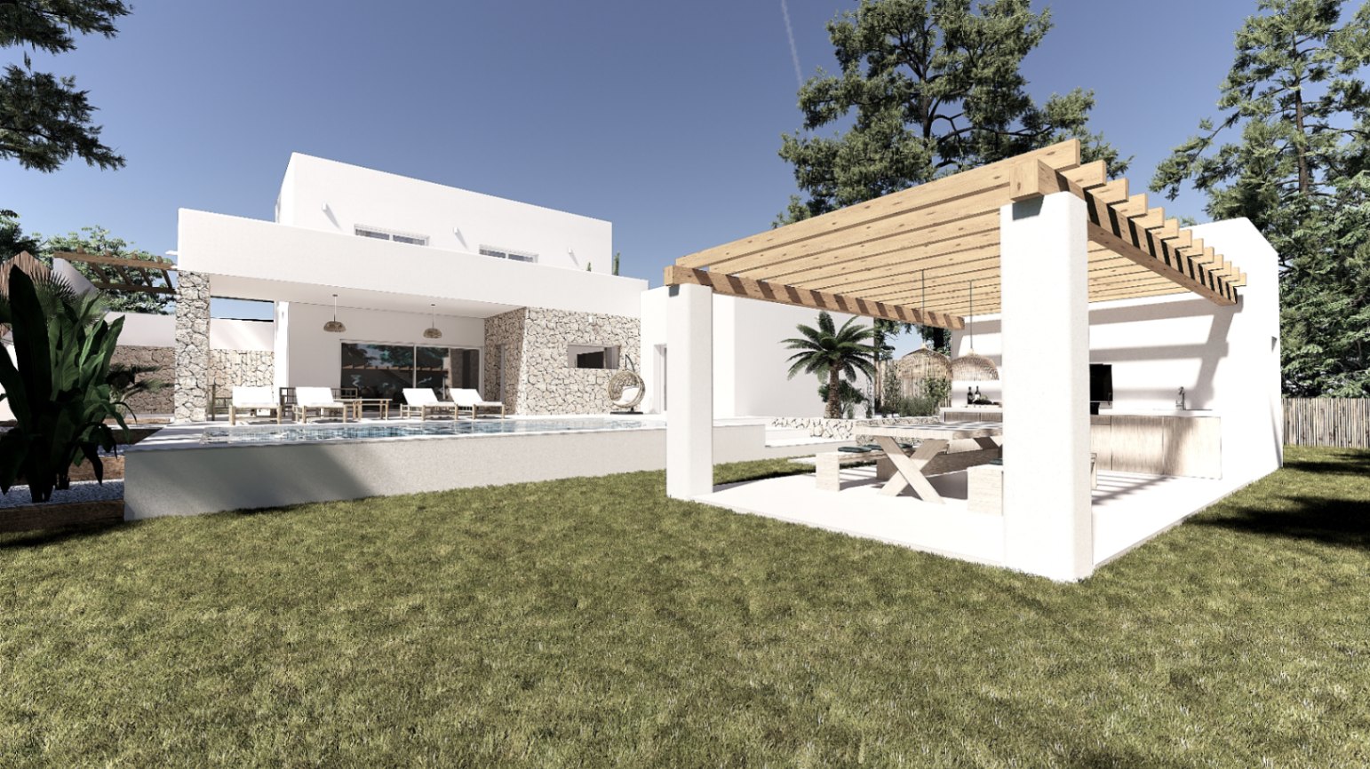 Exterieur van de villa met zwembad, gazon en een houten pergola met buitenkeuken en eethoek, afgewerkt met natuurstenen muren.