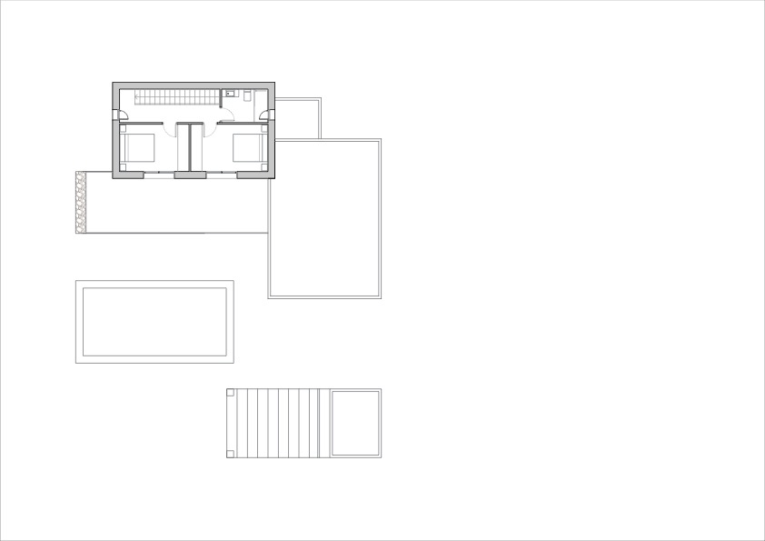 Gedetailleerde architectonische plattegrond van de bovenverdieping met de indeling van twee slaapkamers, een badkamer en de trap.