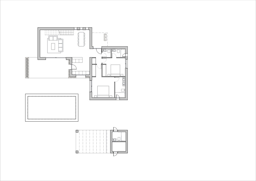 Gedetailleerde architecturale plattegrond van de begane grond met open woonkamer, slaapkamers met eigen badkamer en het terras met zwembad.