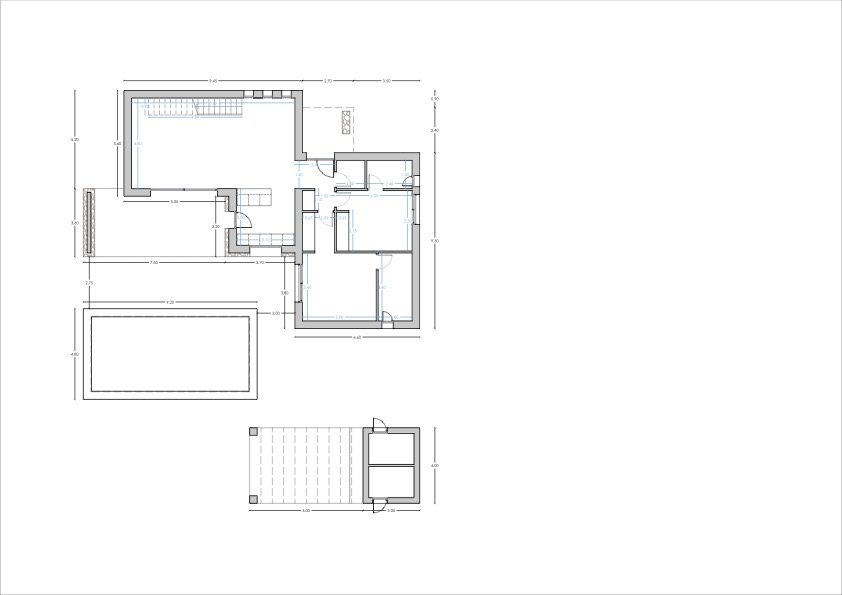 Gedetailleerde technische plattegrond van de begane grond met de kamerindeling, het zwembad en de buitenpergola inclusief exacte afmetingen.