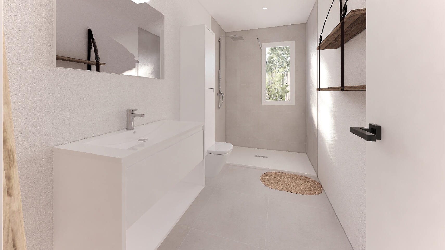 Moderne badkamer met wit wastafelmeubel, inloopdouche en houten wandplanken. Het raam zorgt voor natuurlijk licht en uitzicht op de omliggende tuin.