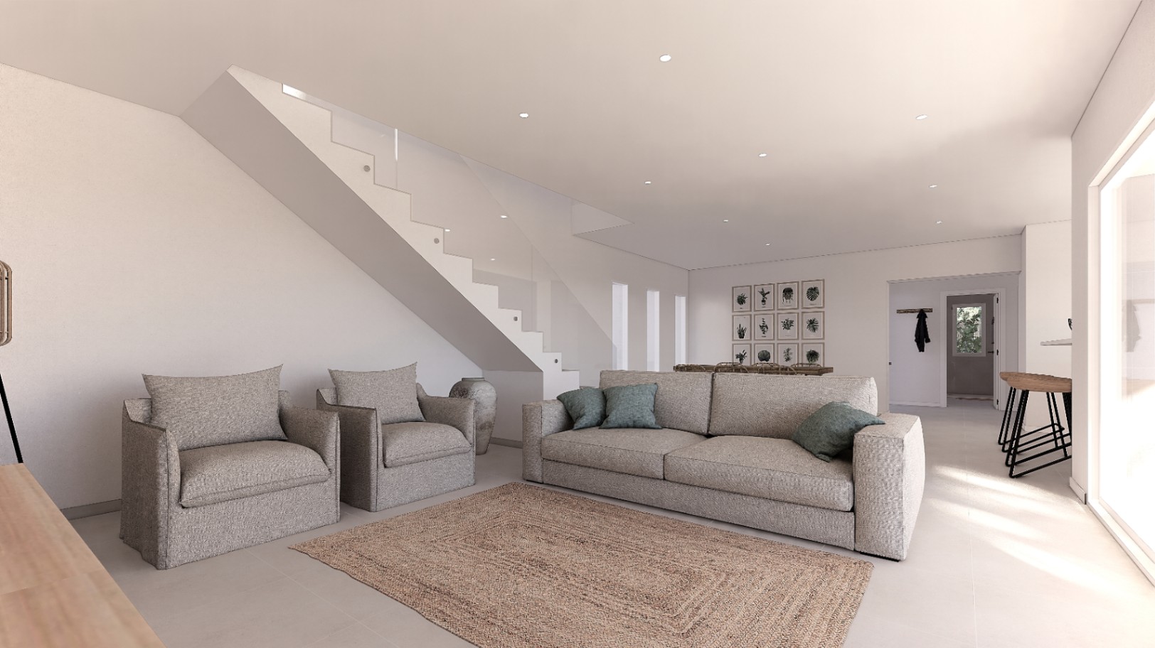 Open woonkamer met neutrale stoffen banken, een vloerkleed van natuurlijke vezels en een minimalistische witte trap met glazen balustrade en inbouwspots.