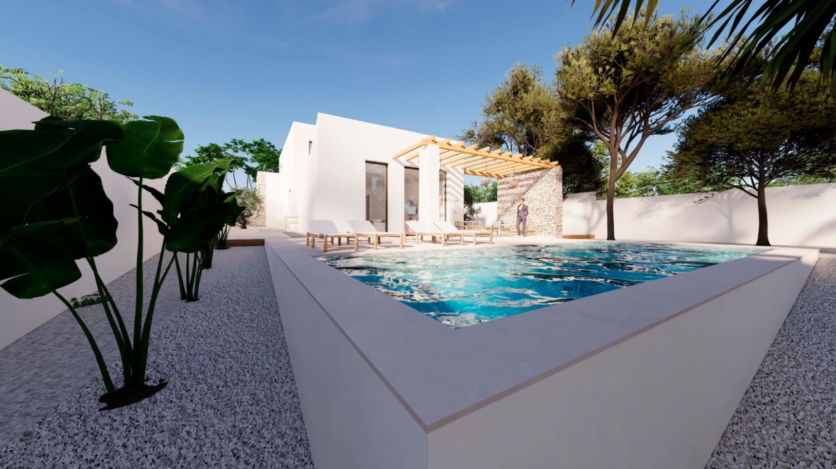 Exterieur in Ibizastijl met verhoogd zwembad, houten pergola bij een natuurstenen muur en een zonneterras omgeven door mediterrane planten en wit grind.