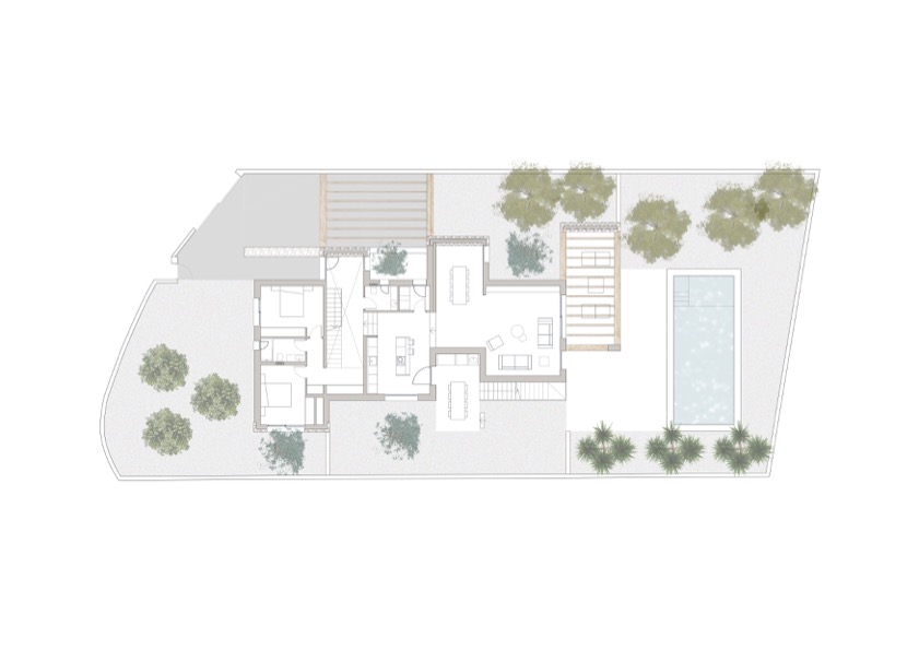 Gedetailleerde plattegrond van de begane grond met de indeling van de slaapkamers, open woonruimte, het buitenzwembad en de aangelegde tuin.
